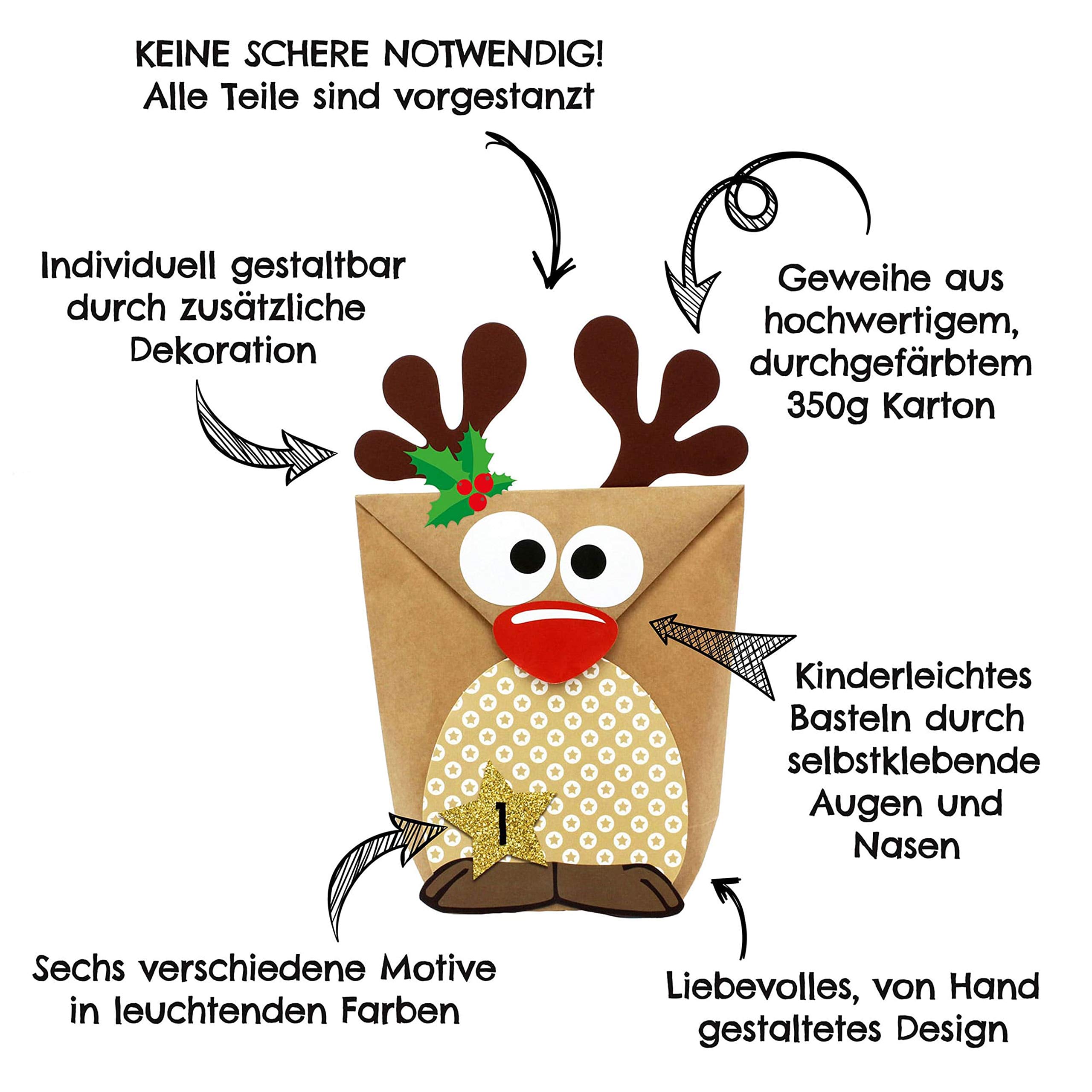Papierdrachen Calendrier de l'Avent à remplir - Renne au Ventre Brun à fabriquer soi-même - 24 Sacs à Personnaliser et à remplir soi-même - Noël 2021 pour Les Enfants