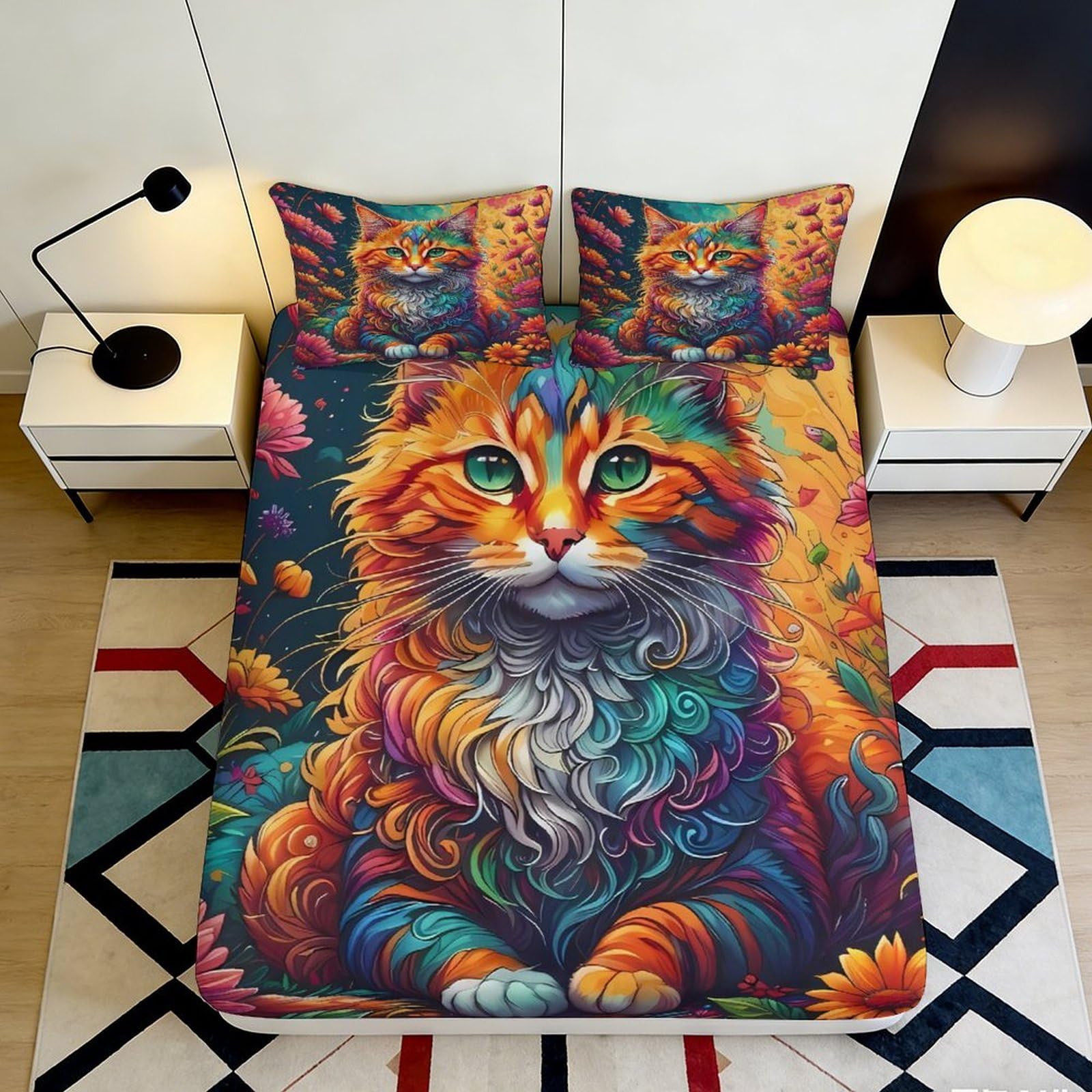 3D Printed Colorful Cat Fitted Sheet Microfiber Soft Breathable Vibrant Cat Design Mattress Cover for Bedroom Dormitory Guest Room Protection Decor 180x200x25cm