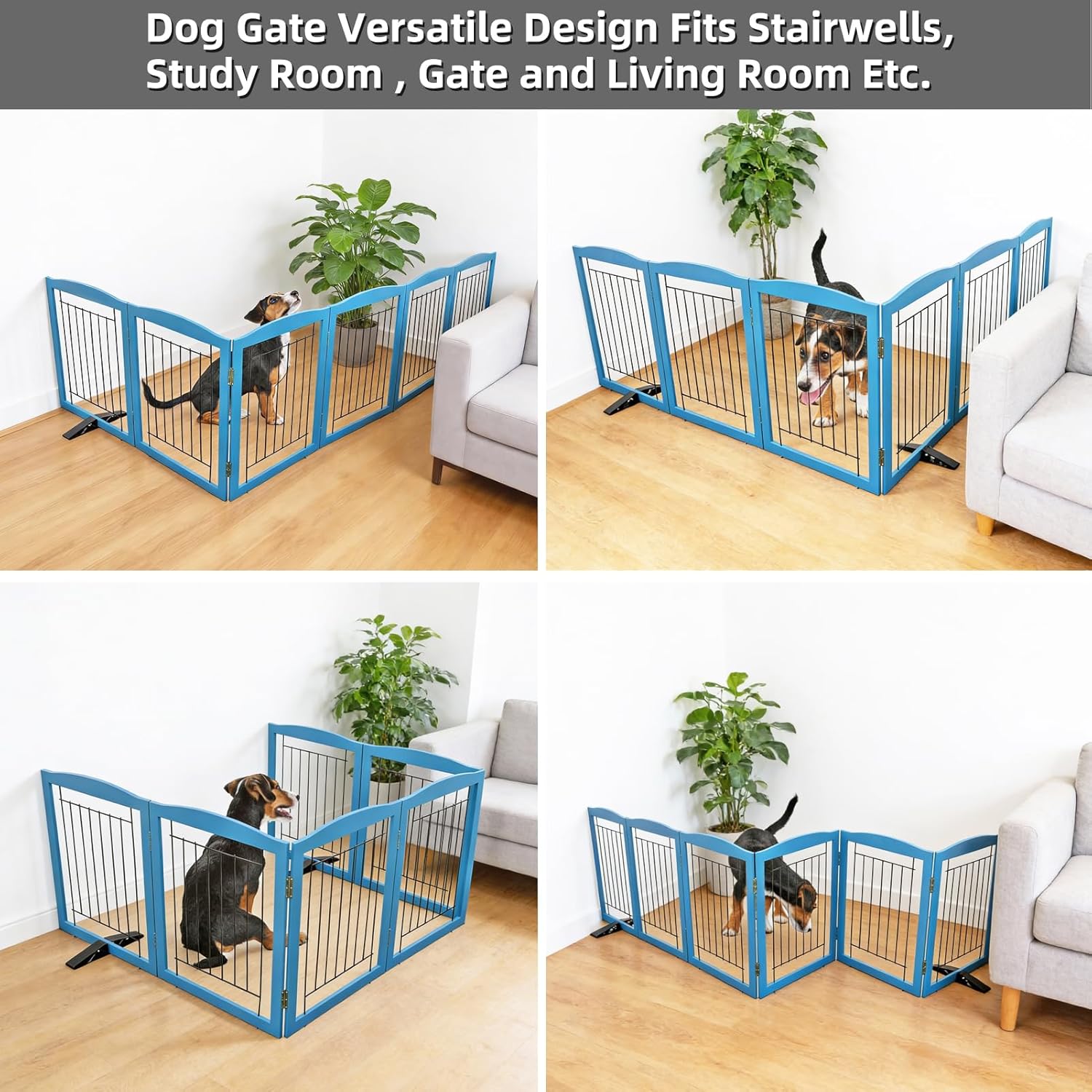 ZJSF Freestanding Dog Fence Indoor, Foldable Dog Gate for Doorways, Stairs or Hallways, Sturdy Wood Extra Wide Pet Gate with Support Feet for The House, Blue, 32 "Height-6 Panels