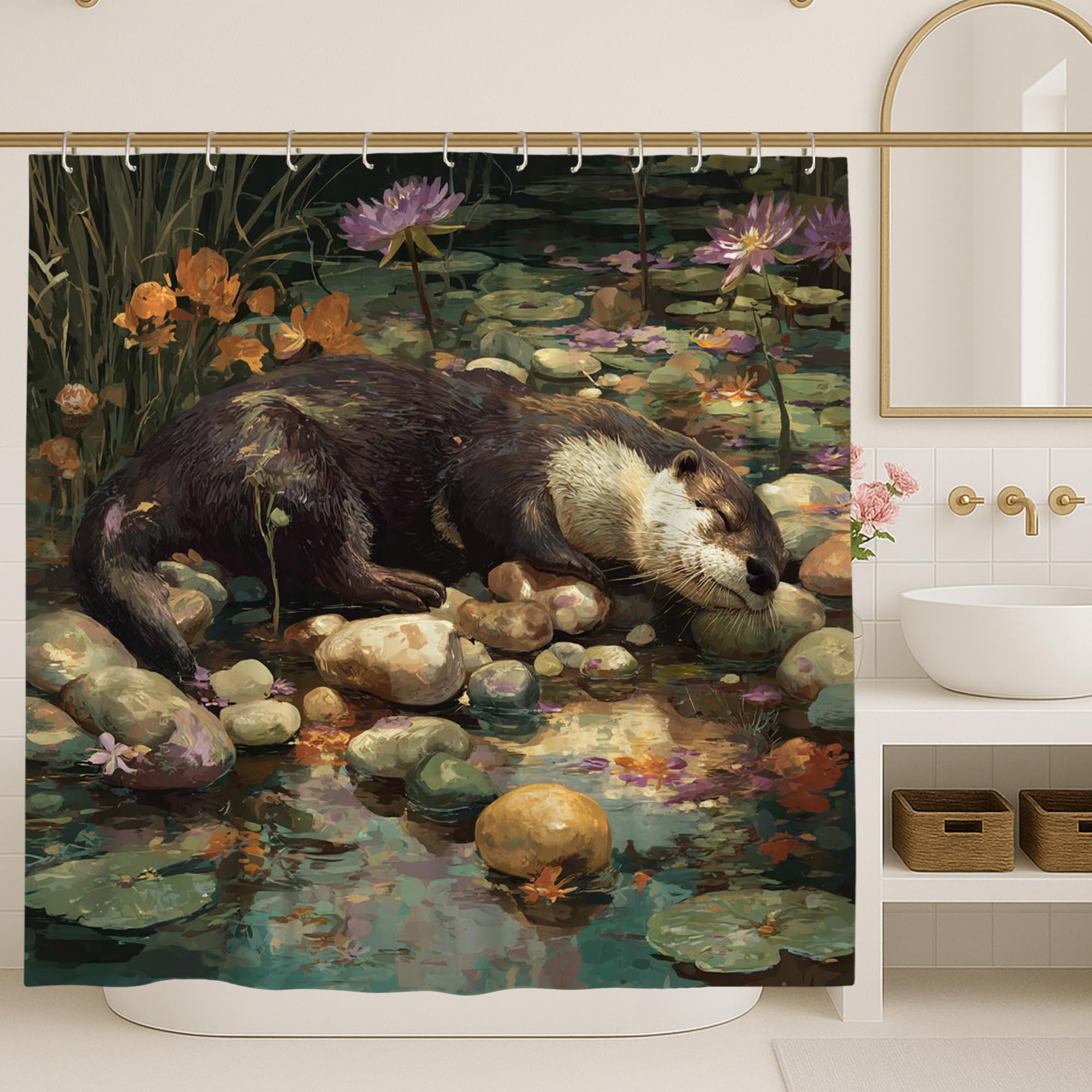 Nature Shower Curtain, Watercolor Brown Green Otter Pond Bathroom Decor, Spring Summer Artistic Rustic Waterproof Fabric Shower Curtain with Hooks 72x78 Inch