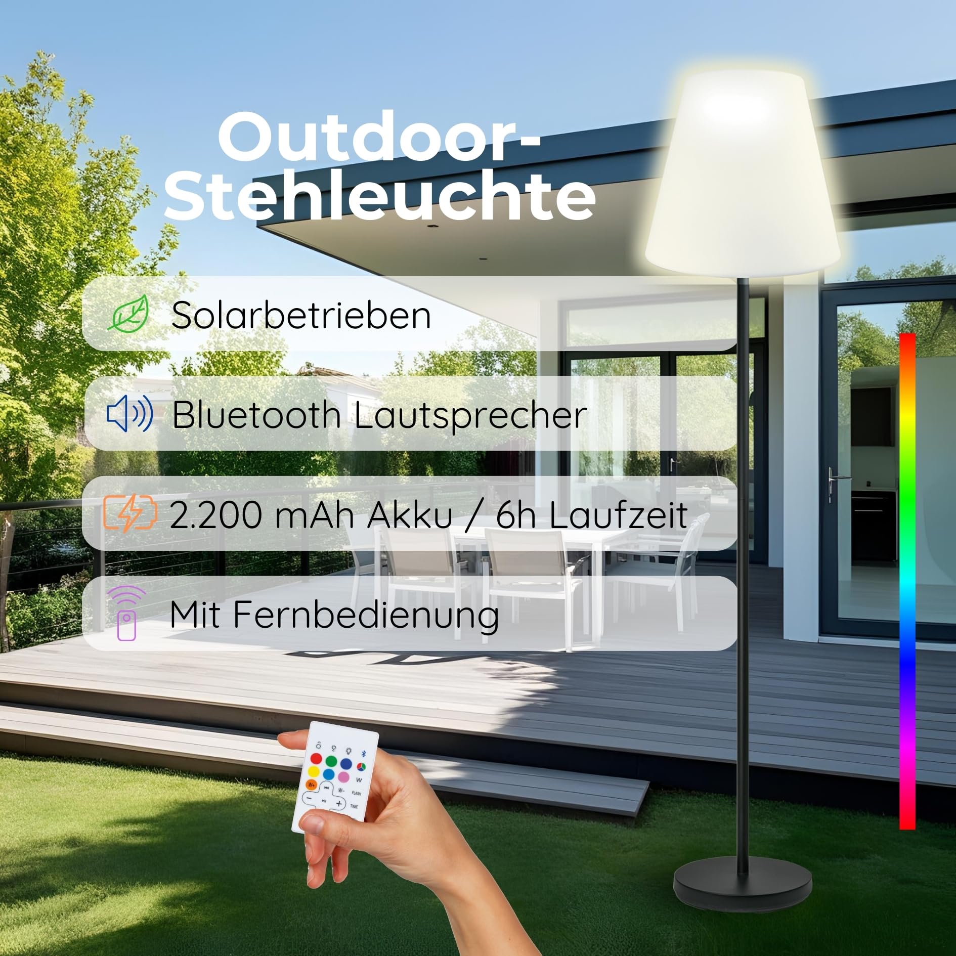 SCHWAIGER 661828 Lámpara solar LED para exteriores con altavoz Bluetooth Lámpara de pie Caja de música Luz para exteriores 1,5m Funciona con pilas IP44 A prueba de salpicaduras Micro-USB inalámbrico