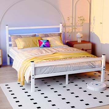Double Bed Frame with Headboard & LED Lights,4ft6 Metal Bed Frame Double Bed with Charging Station,Mattress Base/Strong Steel Slats Support/Under-bed Storage/Easy Assembly/White