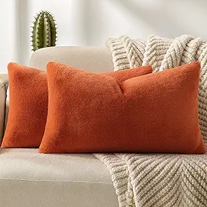 Pallene Faux Fur Plush Lumbar Fall Throw Pillow Covers 12x20 Set of 2, Soft Fluffy Couch Pillow Covers for Living Room, Rust