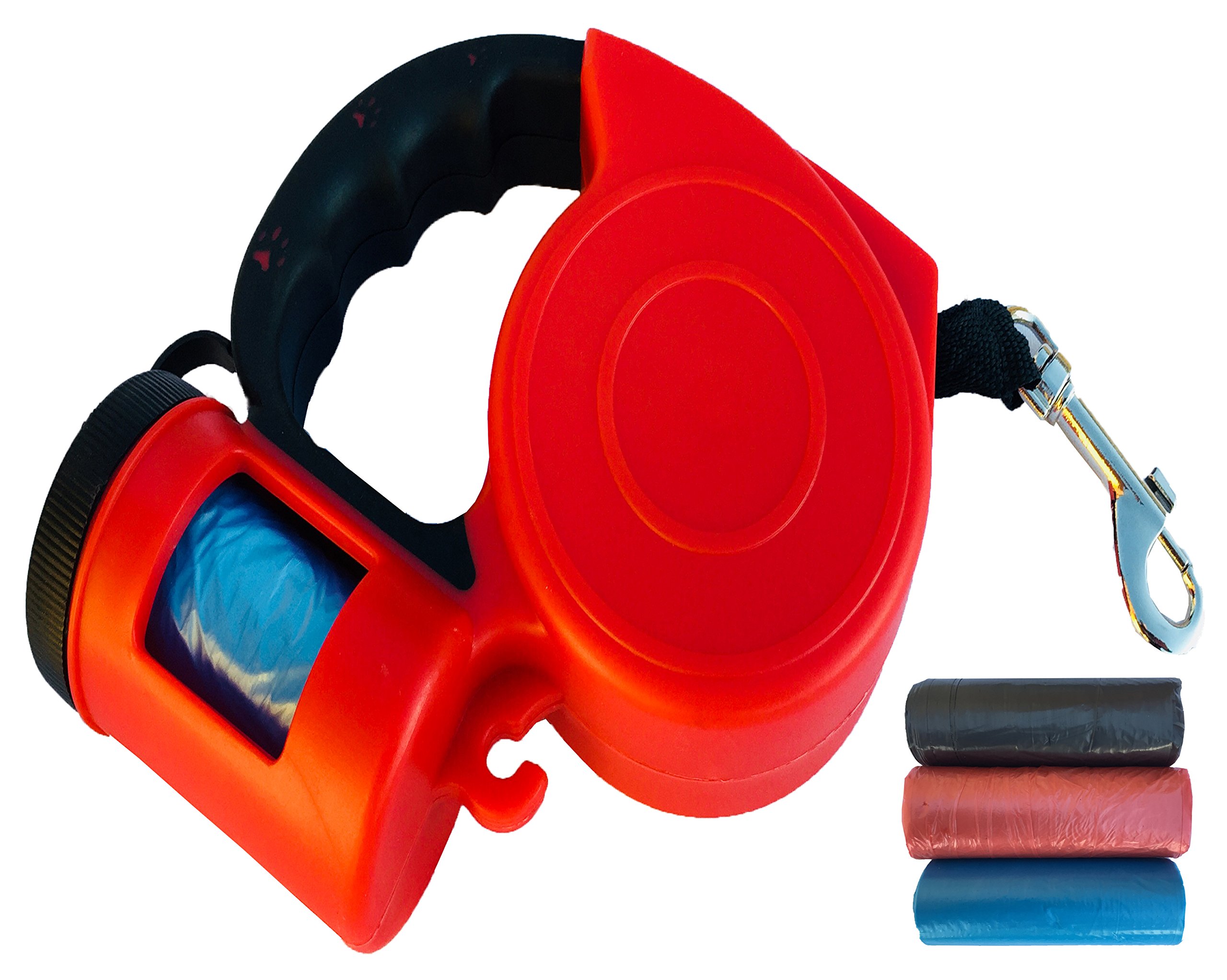 TurnerMAX Outdoor Retractable Dog Lead Leash with Bag Dispenser Extendable Rubber Soft Grip Handle Cord & Tape 3M