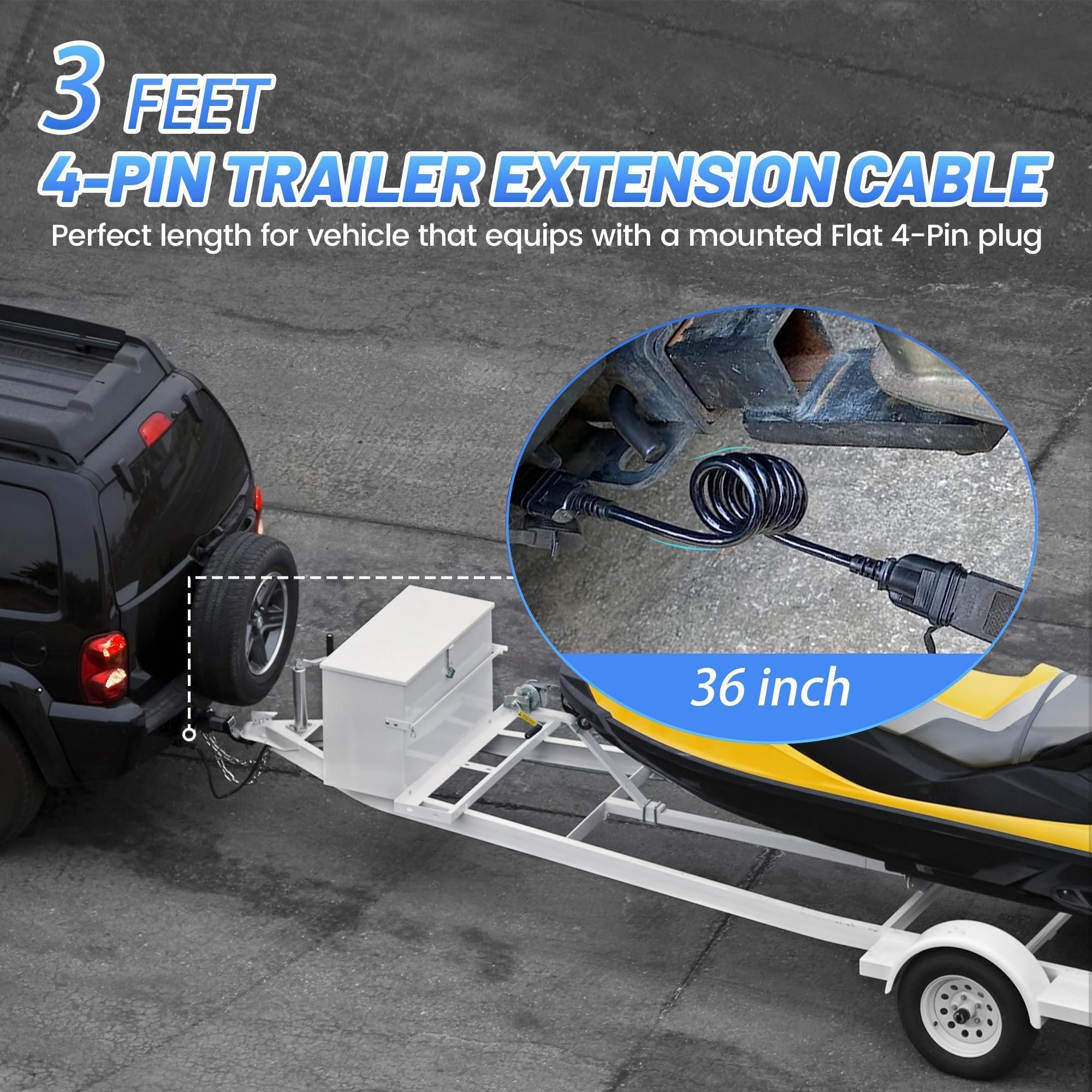 MECMO Extensión de cable plano de 4 vías para remolque, cable en espiral elástico de 3 pies y 36 pulgadas, adaptador en espiral macho y hembra de 4 pines, calibre 18, cable recubierto resistente,