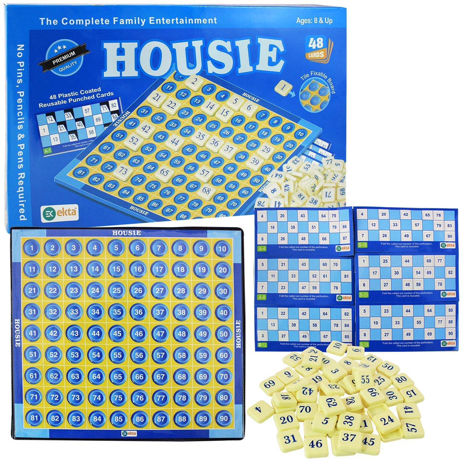 BKDT Marketing Housie Game Set with 48 Reusable Cards & 90 Number Tiles, Board Game for Kids - Tambola Game Set Family Game, Birthday/Return Gift, Pack of 1 - Bingo Game
