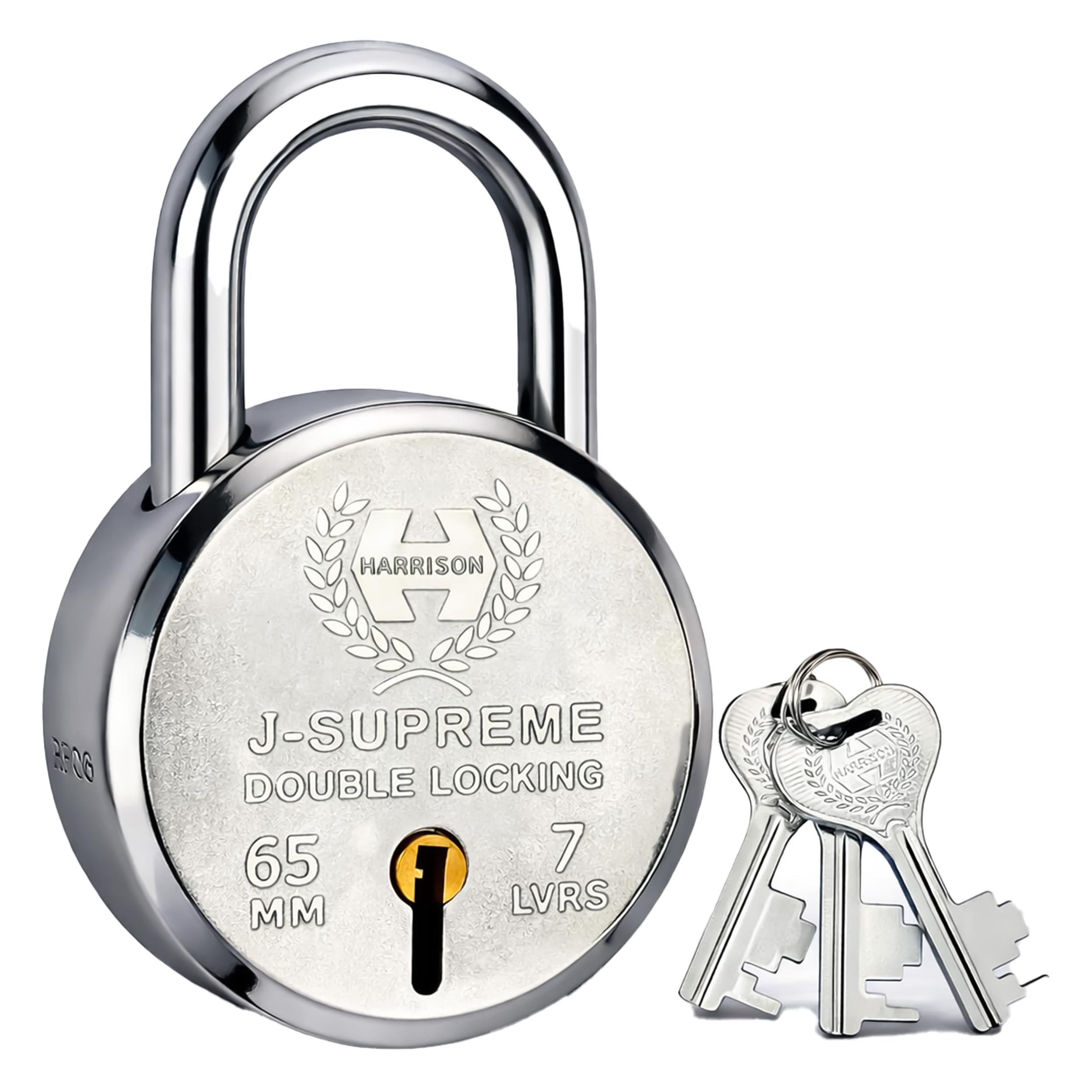 Harrison Padlocks/Round Padlock 65mm 7 Lever with 3 Keys J-SUPREME-0672 Double Locking Pack of 1/ Mild Steel Material/Bright Chrome Polished Finish/Door Lock, Shutter Lock, Godown Lock, gate Lock