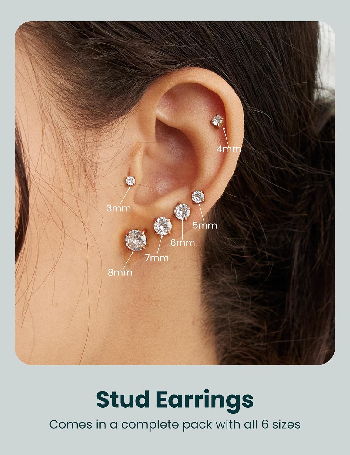 6 Pairs Stud Earrings Set, Hypoallergenic Cubic Zirconia 316L Earrings Stainless Steel CZ Earrings 3-8mm