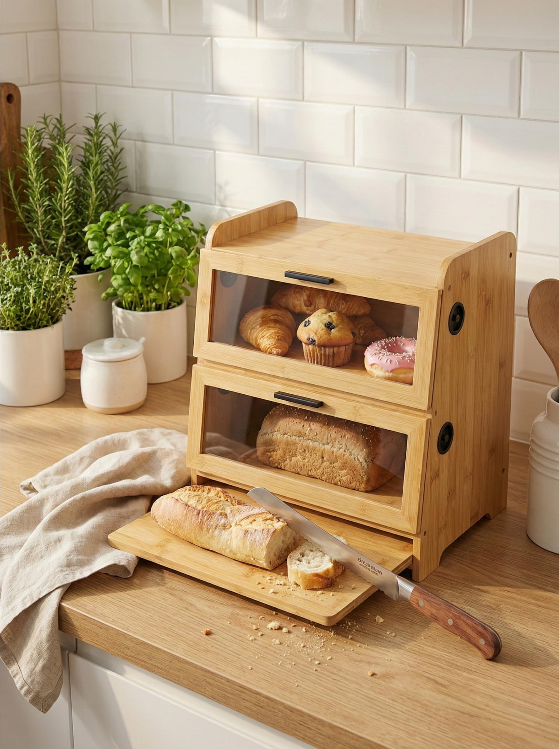 SWAYN - Caja de pan de bambú con certificación FSC - Hucha para pan de 2 pisos, ventilación ajustable para prolongar la frescura, tabla integrada, almacenamiento optimizado para conservación de pan