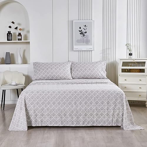 Miniatura 9 de HIG Juego de sábanas de 4 piezas con estampado de damasco de microfibra prelavada con bolsillo profundo de 14 pulgadas, juego de sábanas florales