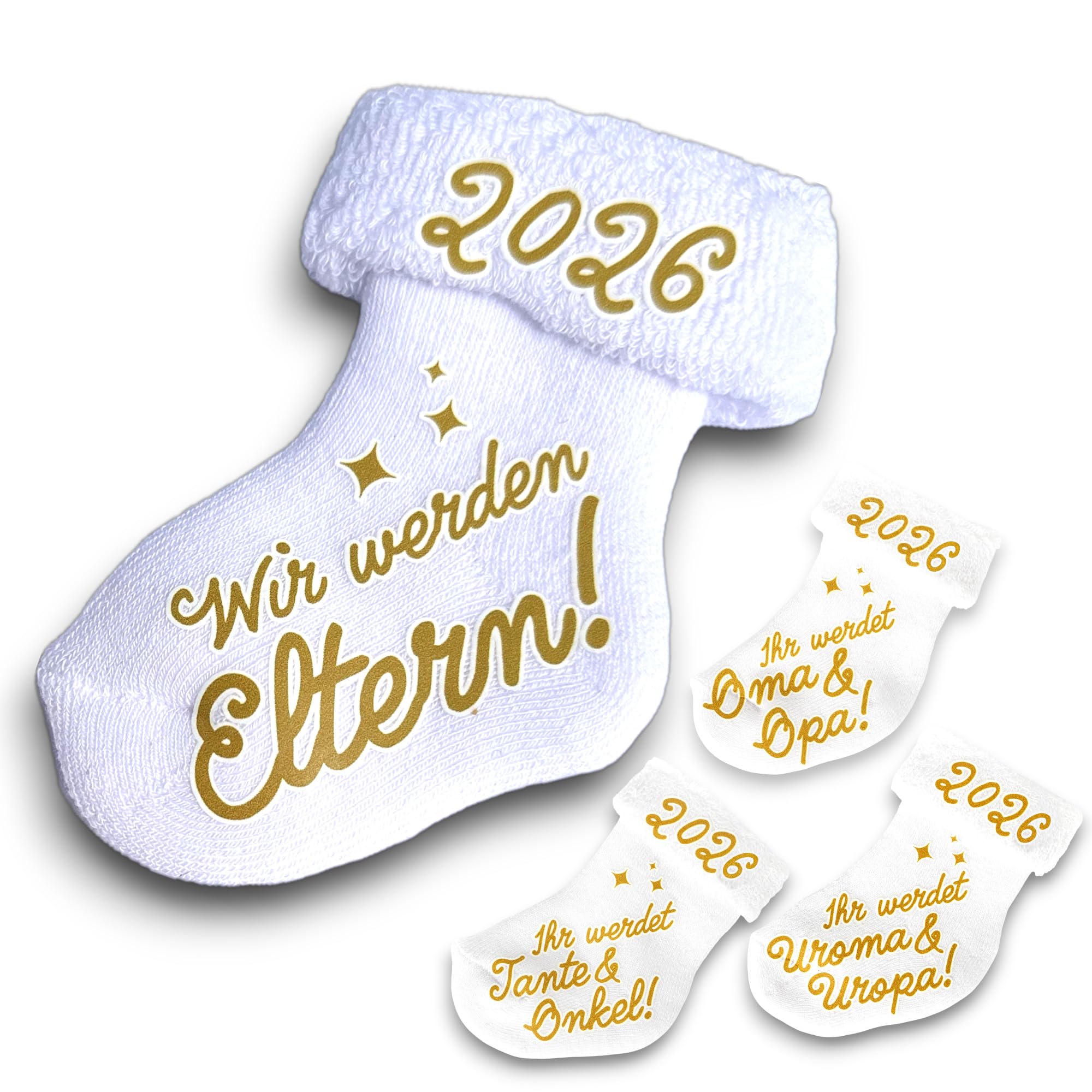 goldprintz I Wir werden Eltern I Schwangerschaft verkünden 2026 I Gold bedruckte Babysocke I Wir bekommen ein Baby verkünden I Verkündung Schwangerschaft I Überraschung I Babynews