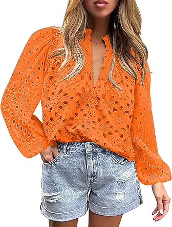 BETTE BOUTIK Women's Long Short Sleeve Tops 2025 Dressy Casual Button Hollow Out Lace Embroidered Blouses Shirts