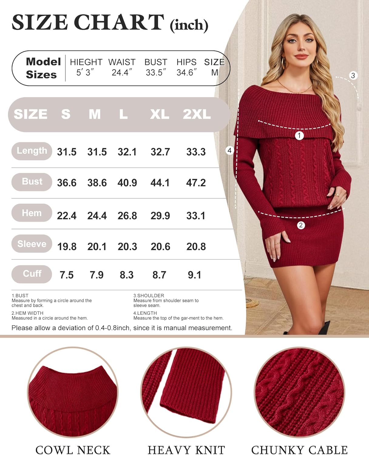 Bebonnie Women's Long Sleeve Cowl Neck Chunky Cable Knit Sexy Bodycon Mini Sweater Short Dress - Image 8