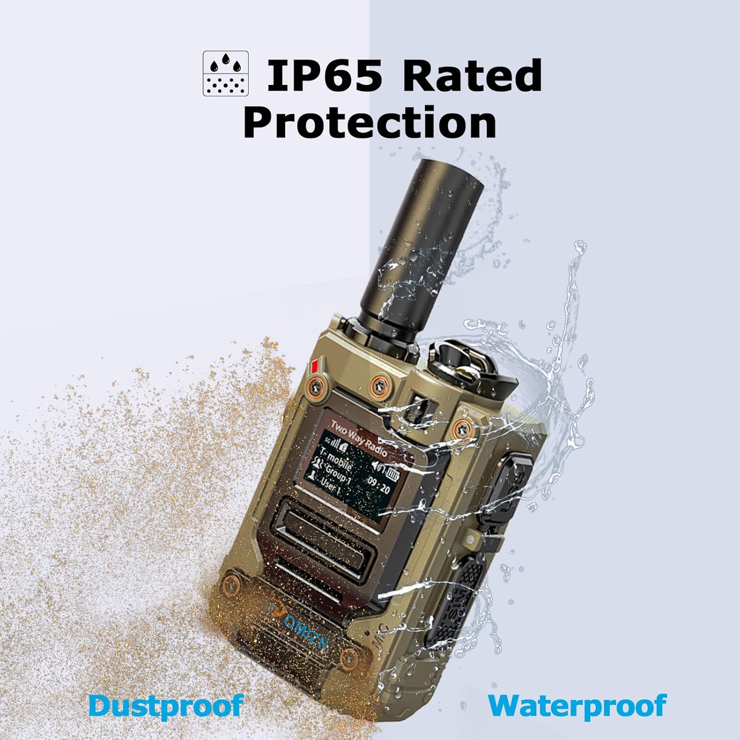 OMIZN M8 radio being splashed with water and covered in dust, illustrating IP65 protection