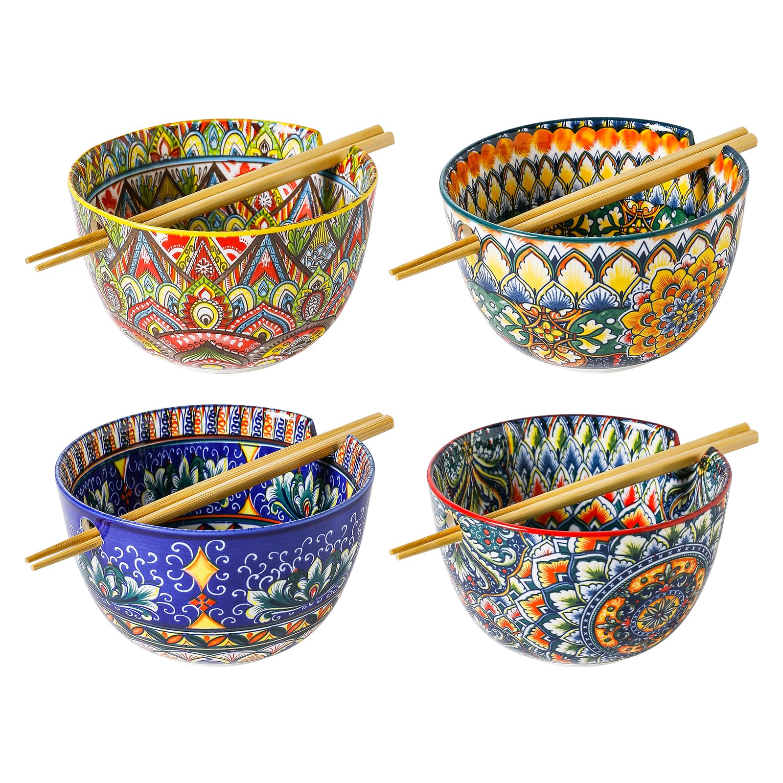 Ramen Schüssel, Set Ramen Suppenschalen inklusive Essstäbchen, 4er Bowl Keramik Set für Suppe, Ramen und Udon - 850ml