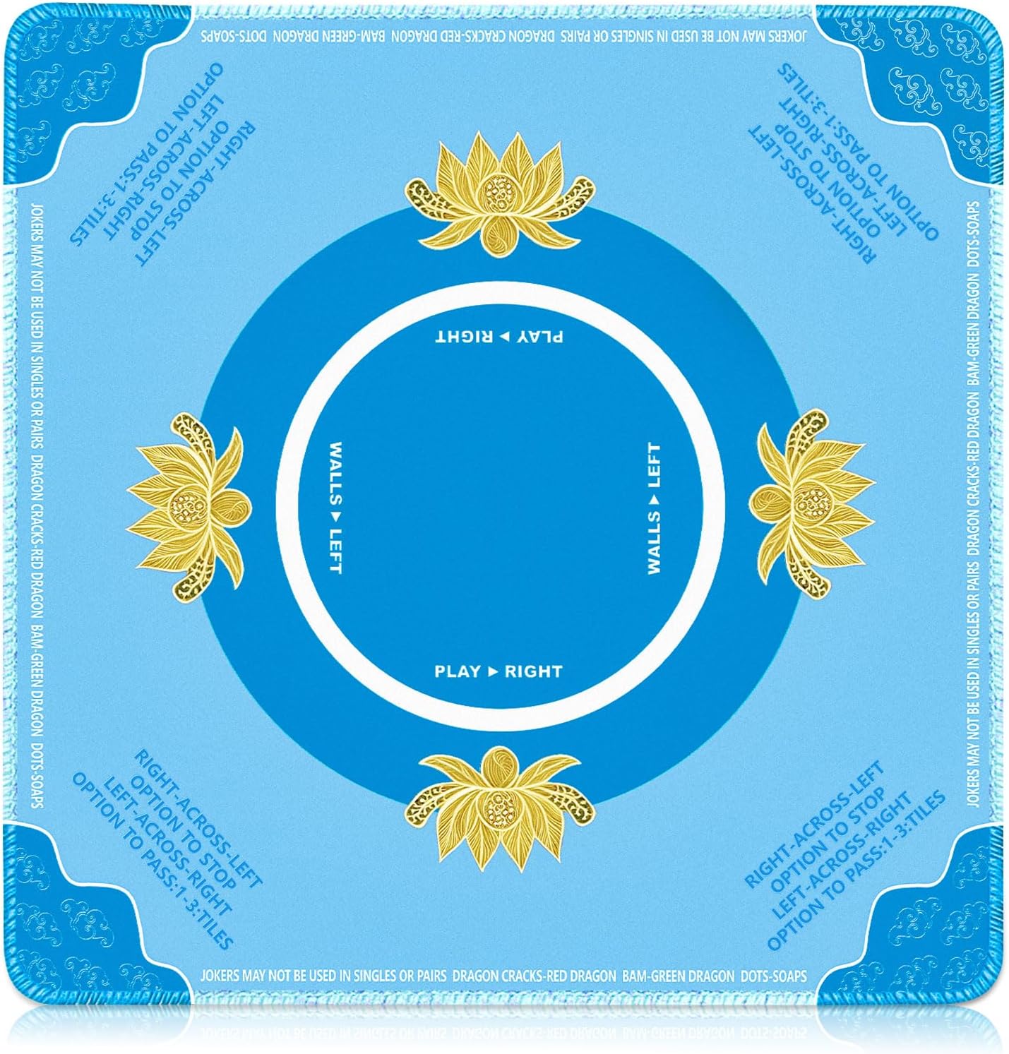 mahjong mat with rules - 31.5x31.5 inch neoprene mahjong table mat for mahjong tile set & poker card games, anti-slip noise reduction mahjong accessories, bright blue