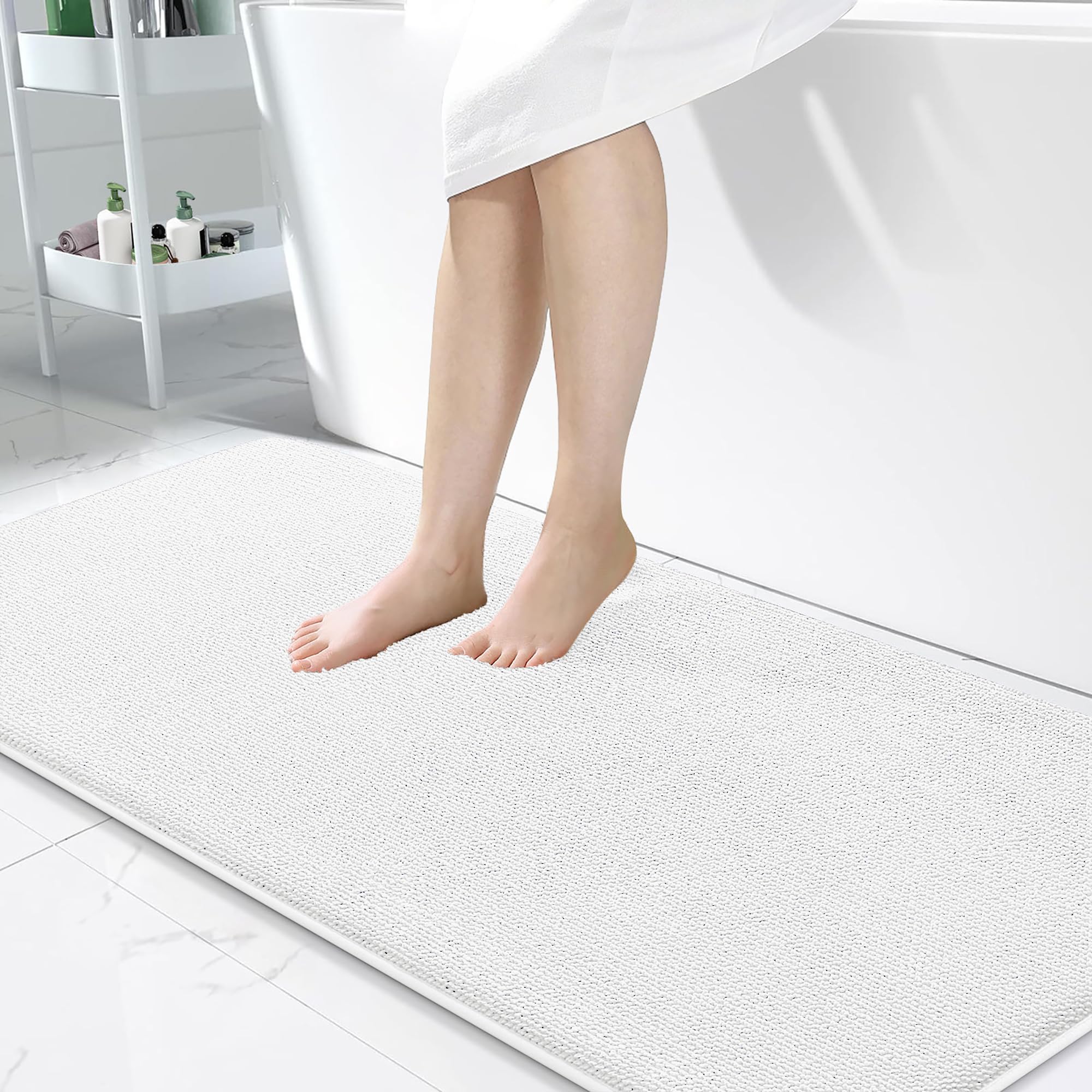 OLANLY Memory Foam Bathroom Runner Rugs 47x24, Absorbent Long Mat, White