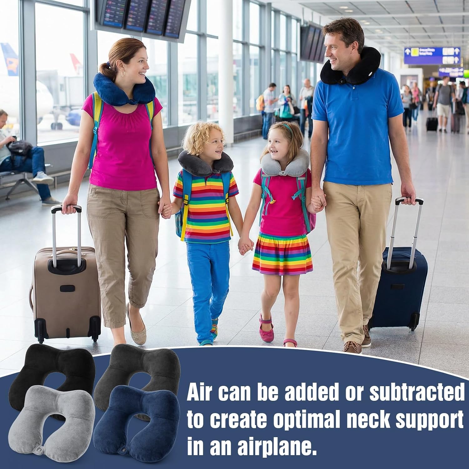 4 Sets Inflatable Travel Pillows, 11" x 10" x 4" Neck Pillow for Airplanes with Compact Bag and Blindfold Velvet Inflatable Neck Pillow for Traveling Head Support U Shaped Flight Inch (4 Colors)