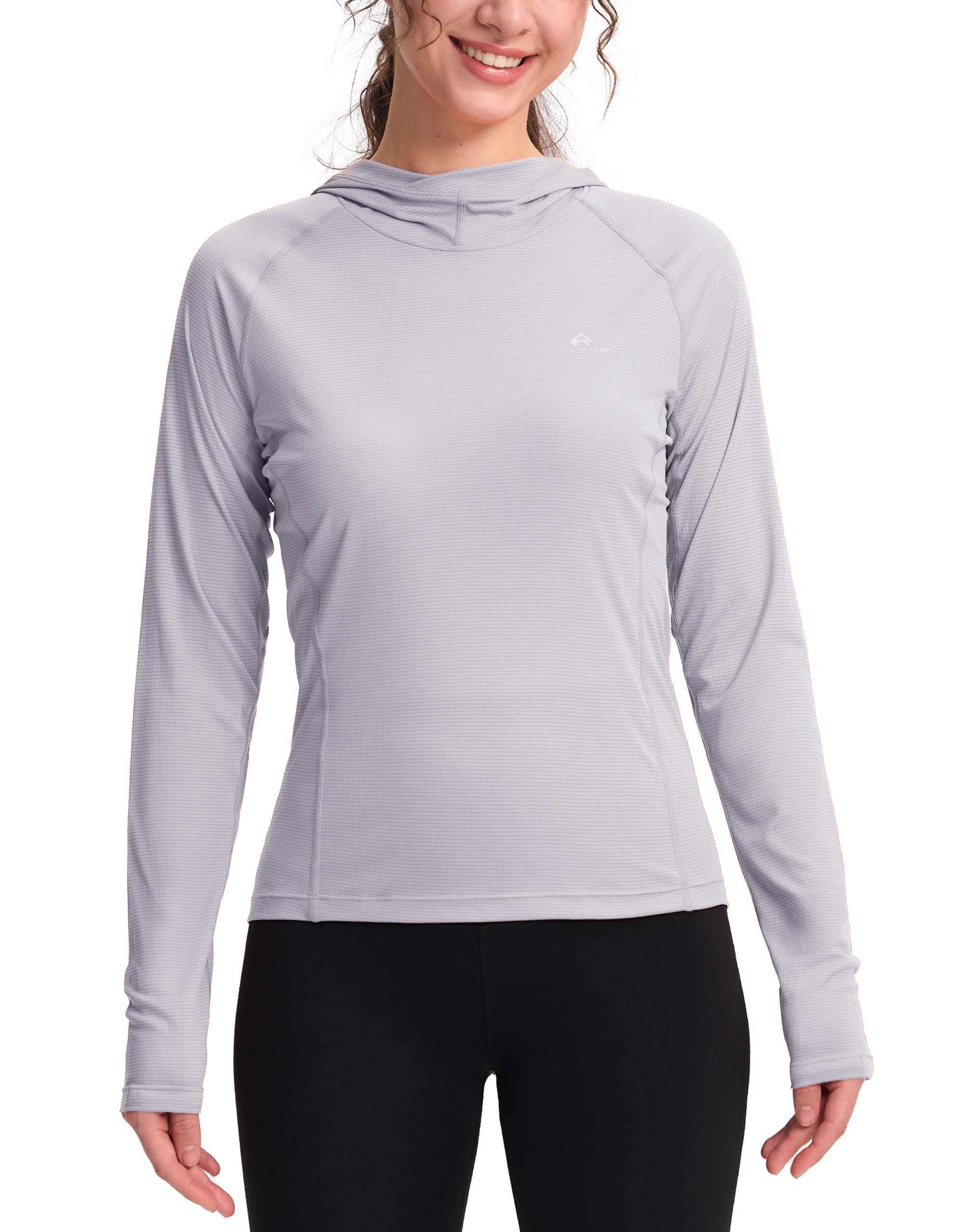 Pioneer Camp T-shirt de randonnée à capuche pour femme - Ultra léger (90 g) - Séchage rapide et respirant - UPF23+ - T-shirt UV à manches longues avec trous pour les pouces - Pour trekking, randonnée