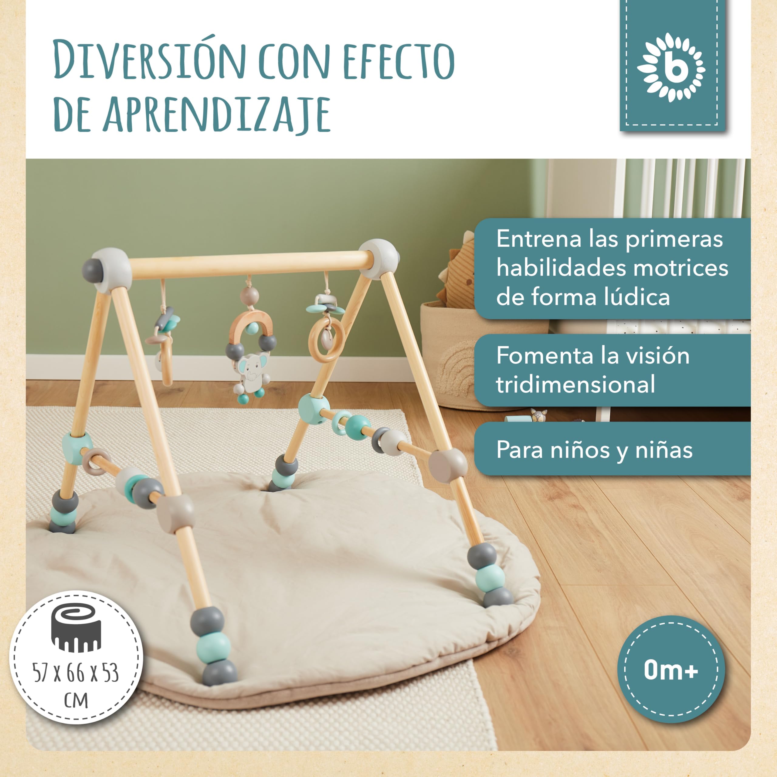 Bieco Spieltrapez | Trampolín para Baby - Figuras, Rasseln, Kugeln- Ajustable en Altura | Trampolín Holz | Centro de Actividades para Bebés Gym | Juguete de Madera para Baby