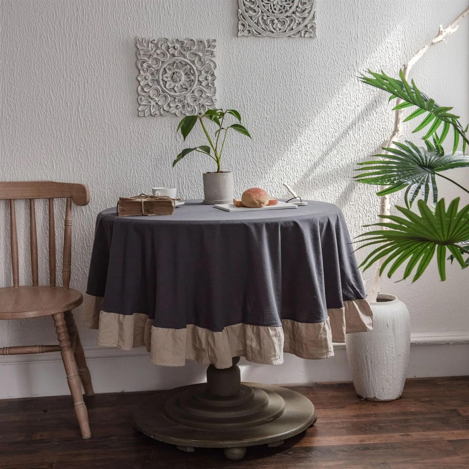 Vintage potargany obrus zmywalny obrus stół w formie bufetu impreza i dekoracyjny obrus kempingowy(Light grey beige,DIA 90cm)