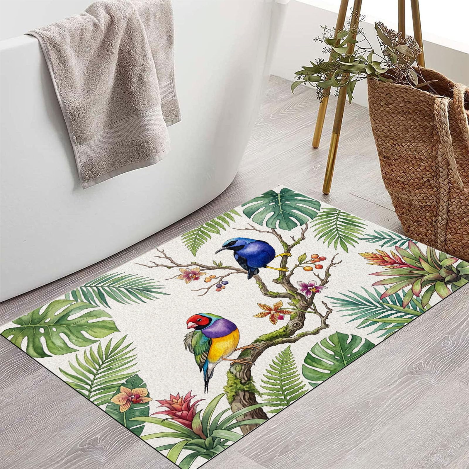 Zerbino Interni Foresta Tropicale 60X90Cm, Antiscivolo Lavabile, Tappeto Da Ingresso Uccello Ad Acquerello Naturale, Tappetino Pelo Basso Antipelo Per Porta D’Ingresso, Beige