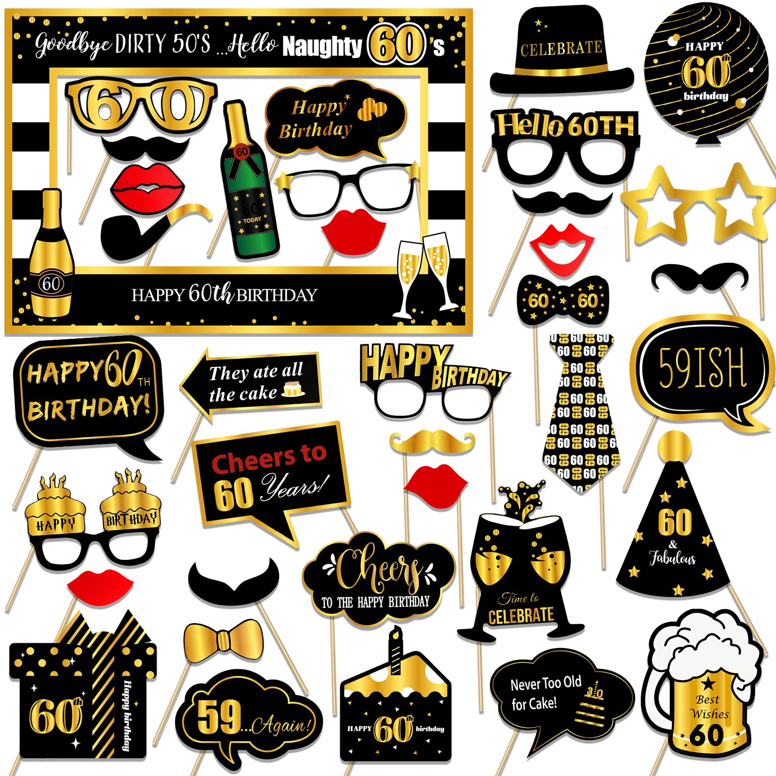 DPKOW 60 Cumpleaños Fotos Cabina Accesorios,Oro Negro Marco Fotos Marco,Cumpleaños Número 60 DEC para Niñas y Niños, Cumpleaños Número 60 Fiesta DEC Suministros,Recuerdo Regalo para Niñas y Niños