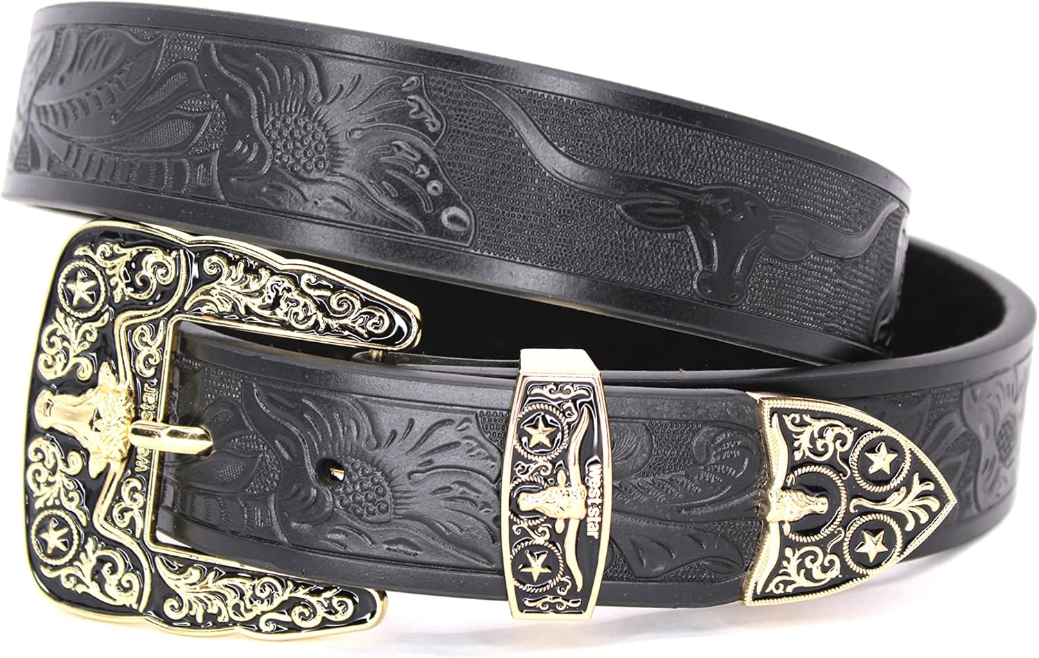 West Star Men Genuine Leather Tooled Embossed Real Leather Plain Belt Suit Casual Daily Everyday 8016 Big LONGHORN BK M