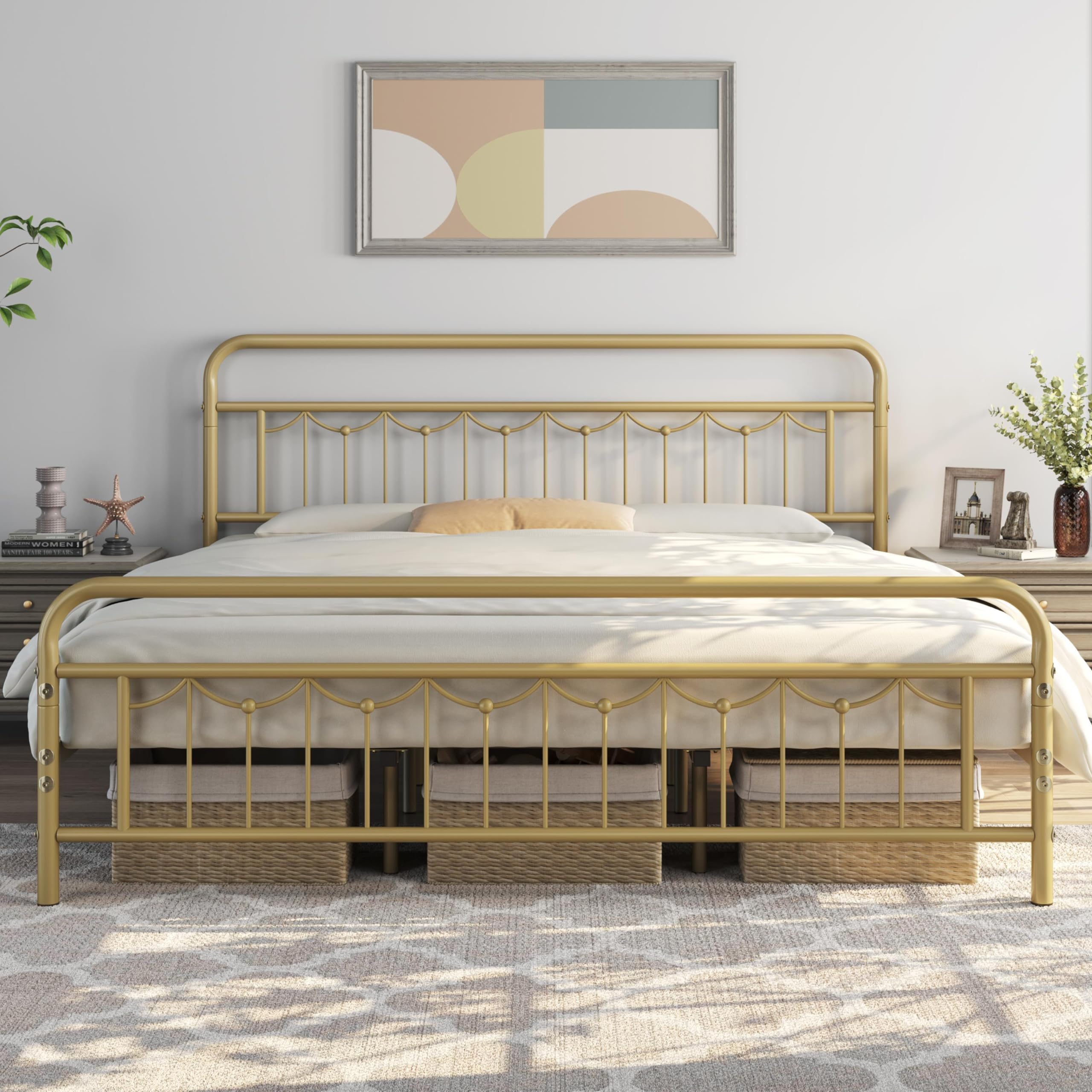 Yaheetech King Size Metal Bed Frames with Vintage Headboard and Footboard, Farmhouse Metal Platform Bed, Heavy Duty Steel Slat Support, Ample Under-Bed Storage, No Box Spring Needed, Antique Gold
