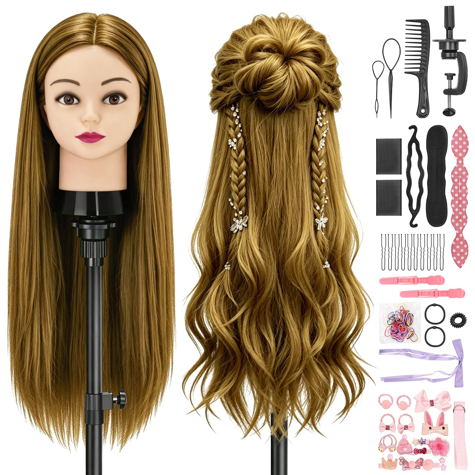 Yofuly Testa da parrucchiere, testa da parrucchiere, 80% capelli veri, testa da parrucchiere, testa da allenamento per parrucchiere, per styling, testa di manichino con morsetto da tavolo + set di