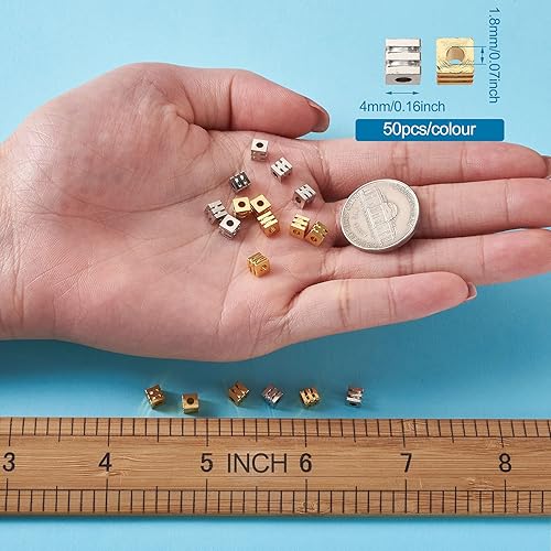Miniatura 2 de Pandahall 100 cuentas espaciadoras de cubo ranuradas de latón de 0.157 pulgadas (0.157 in), cuentas sueltas cuadradas de metal para manualidades,