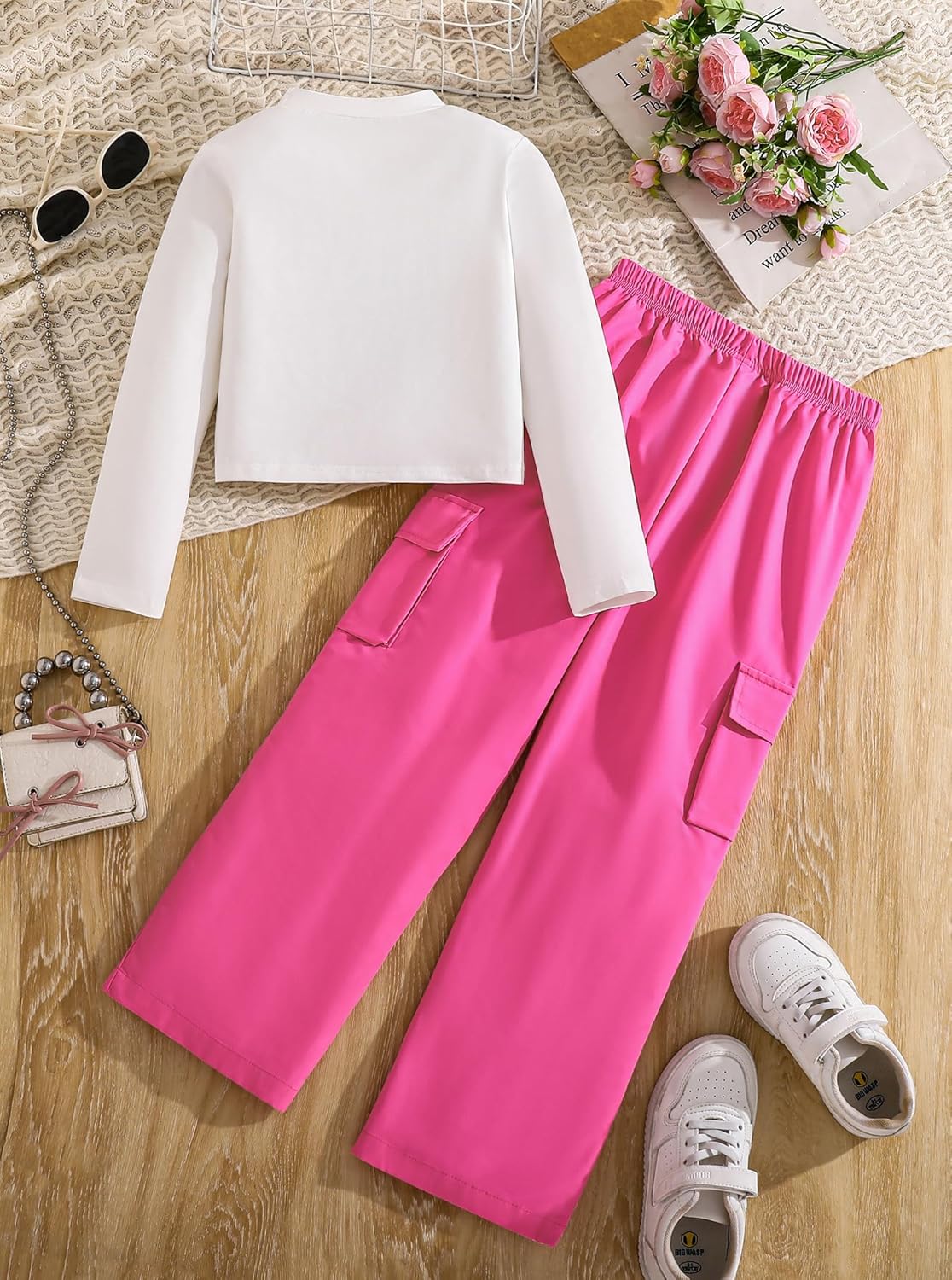 Girls 2 Piece Outfits Long Sleeve Crewneck Tops and Cargo Pants with Pockets Clothing Sets - Image 2