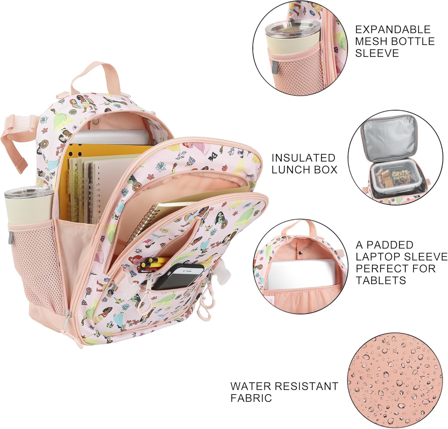 Disney Princesses 4-Piece 16" kids girls Adaptive Backpack & Lunch Box Combo Set
