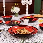 Melamine Dinnerware Set - 12pcs dinnerware set Indoor and Outdoor use, Plates and Bowls Set for 4, Two-color Design Dishes, Dishwasher Safe (Red+Black)