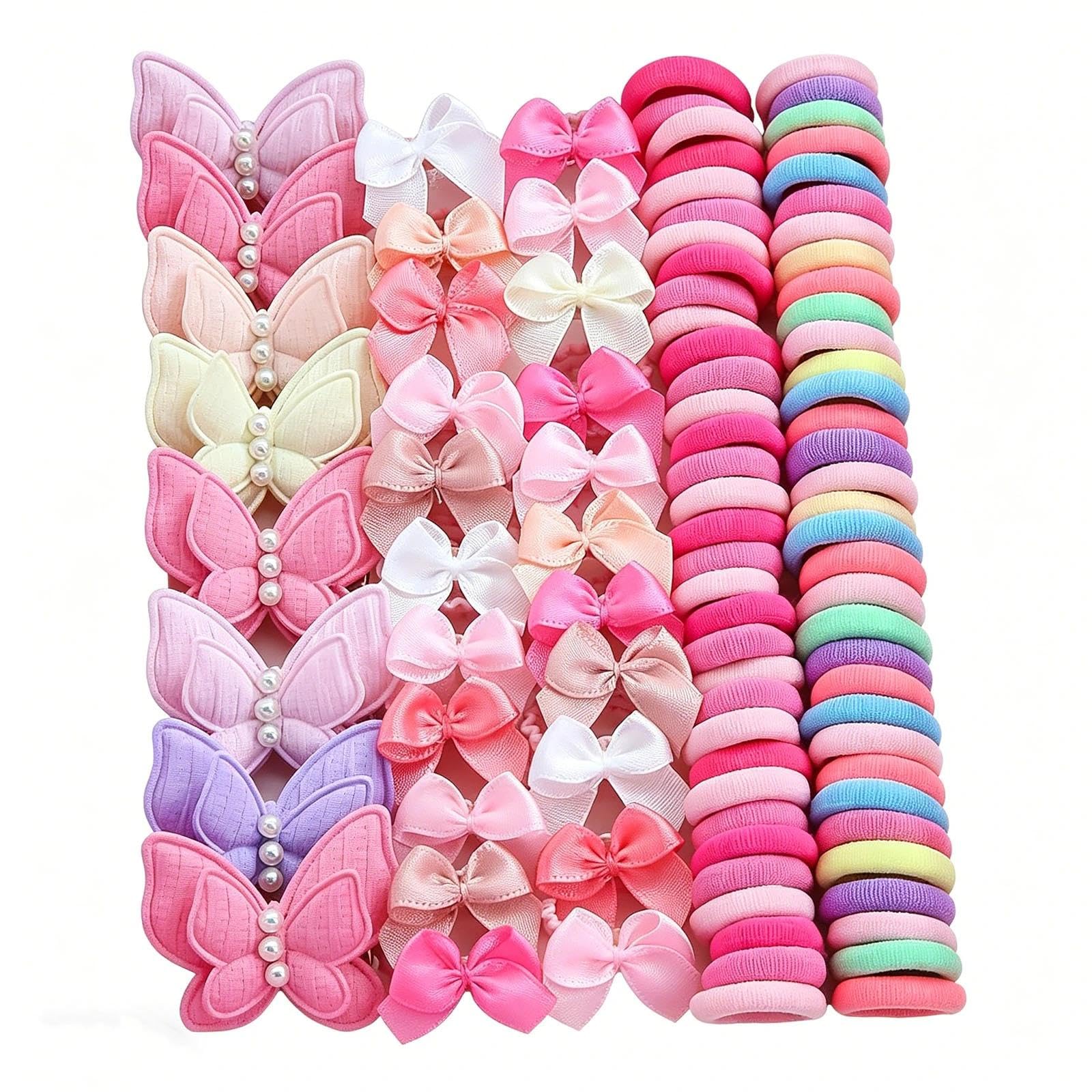 MAIKAOZAI 230 Pcs Girls Hair Accessories Set, Includes Colorful & Pink Hair Ties, Satin Bow Ties, Pearl Butterfly Hair Clips – Kids Hair Bows & Clips