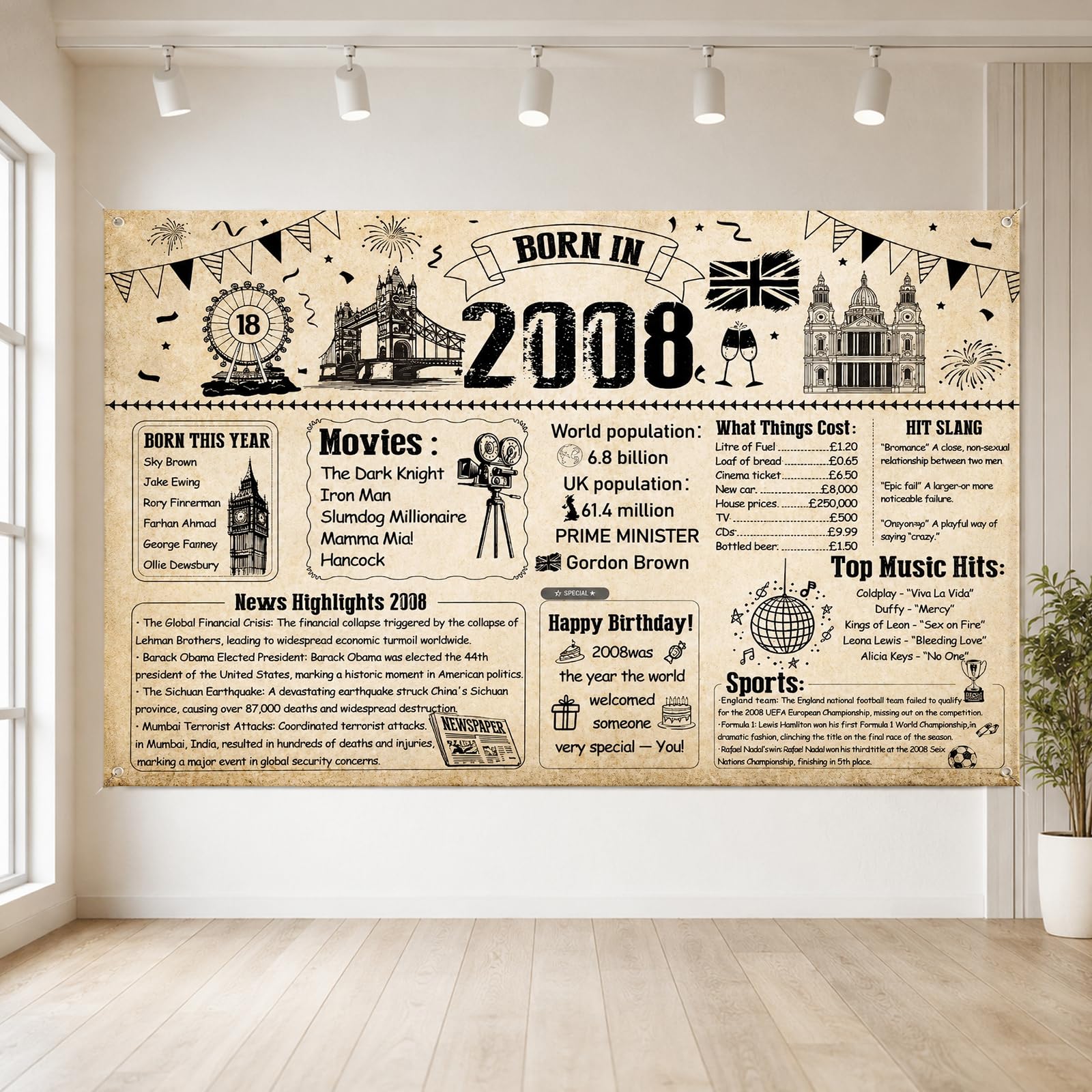 Birthday Backdrop , 18th Birthday Decorations, Happy Birthday Banner for 2008 Birth Year Parties, Large Size Background Cloth for 18th Birthday Celebrations, Festive Birthday Banner Decor