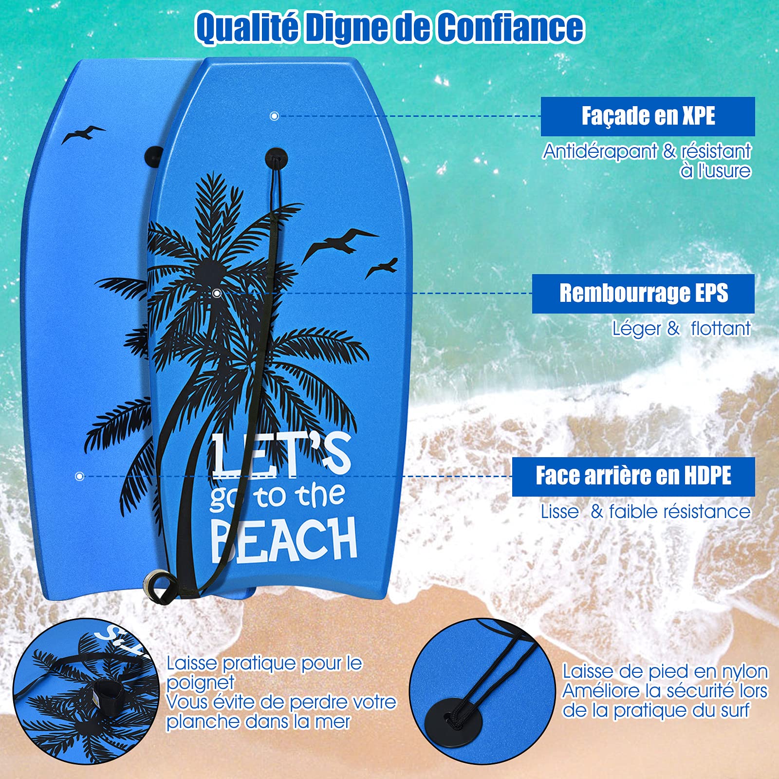 RELAX4LIFE Planche de Bodyboard 41” en Mousse avec Sangle de 90 CM et 8 Motifs au Choix, 105X51X6CM Idéal pour Adulte, Débutant dans Mer, Piscine, Surf, Charge Max. 85KG