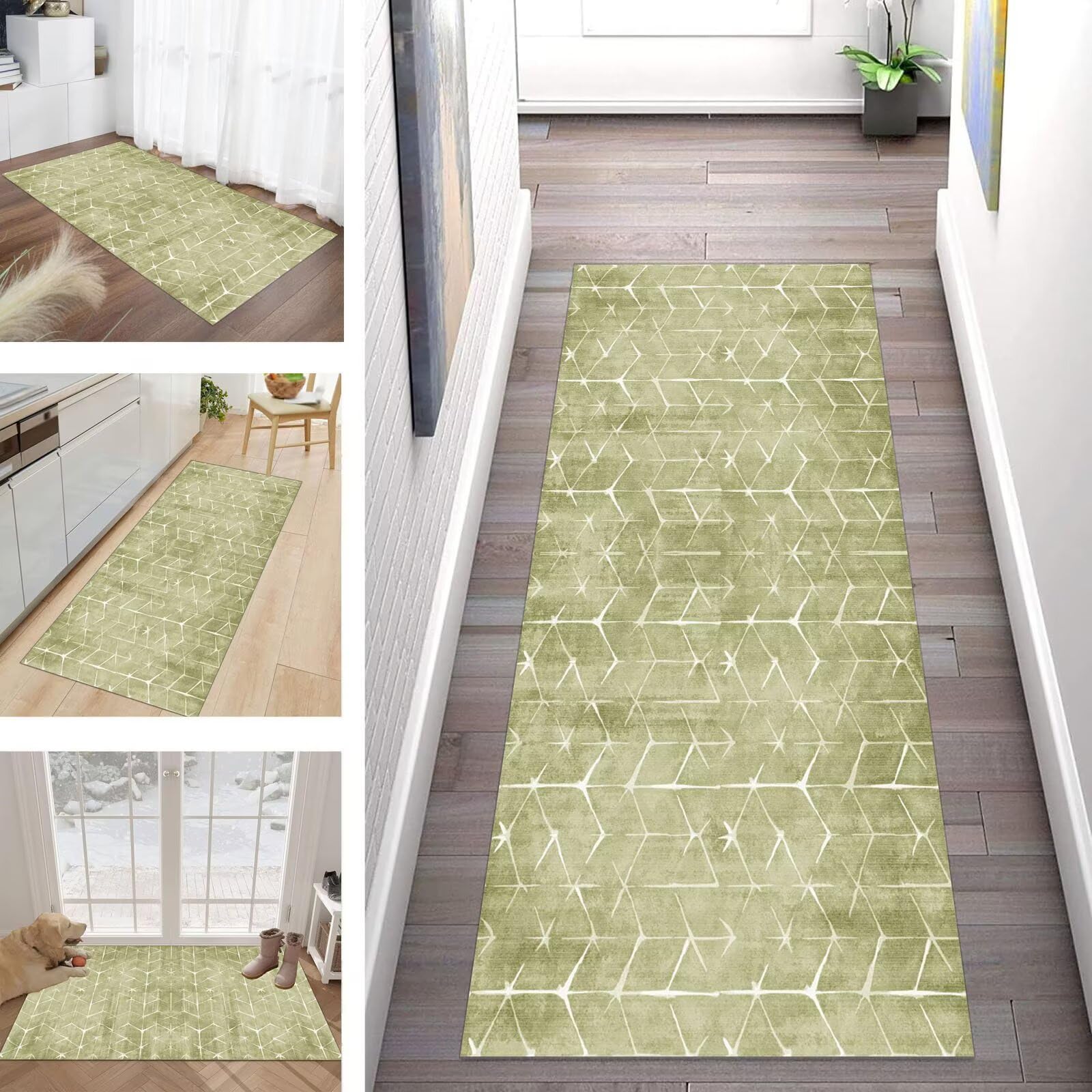 Buaults Rug for Hallway, Kitchen, Bedroom - Washable, Non-Slip, Modern Yellowish Green Long Polyester Carpet Runner Made to Measure — image 1