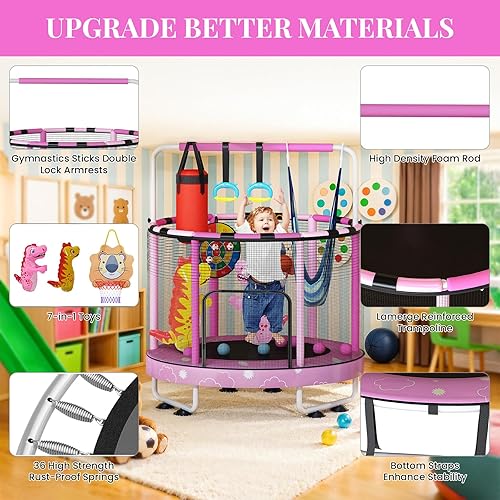 Miniatura 3 de LAMERGE 55" 7-in-1 Round Trampoline for Kids Boys & Girls Ages 1-8, Indoor & Outdoor Trampoline for Fun, Adjustable Height Handrail  Enclosed Safety