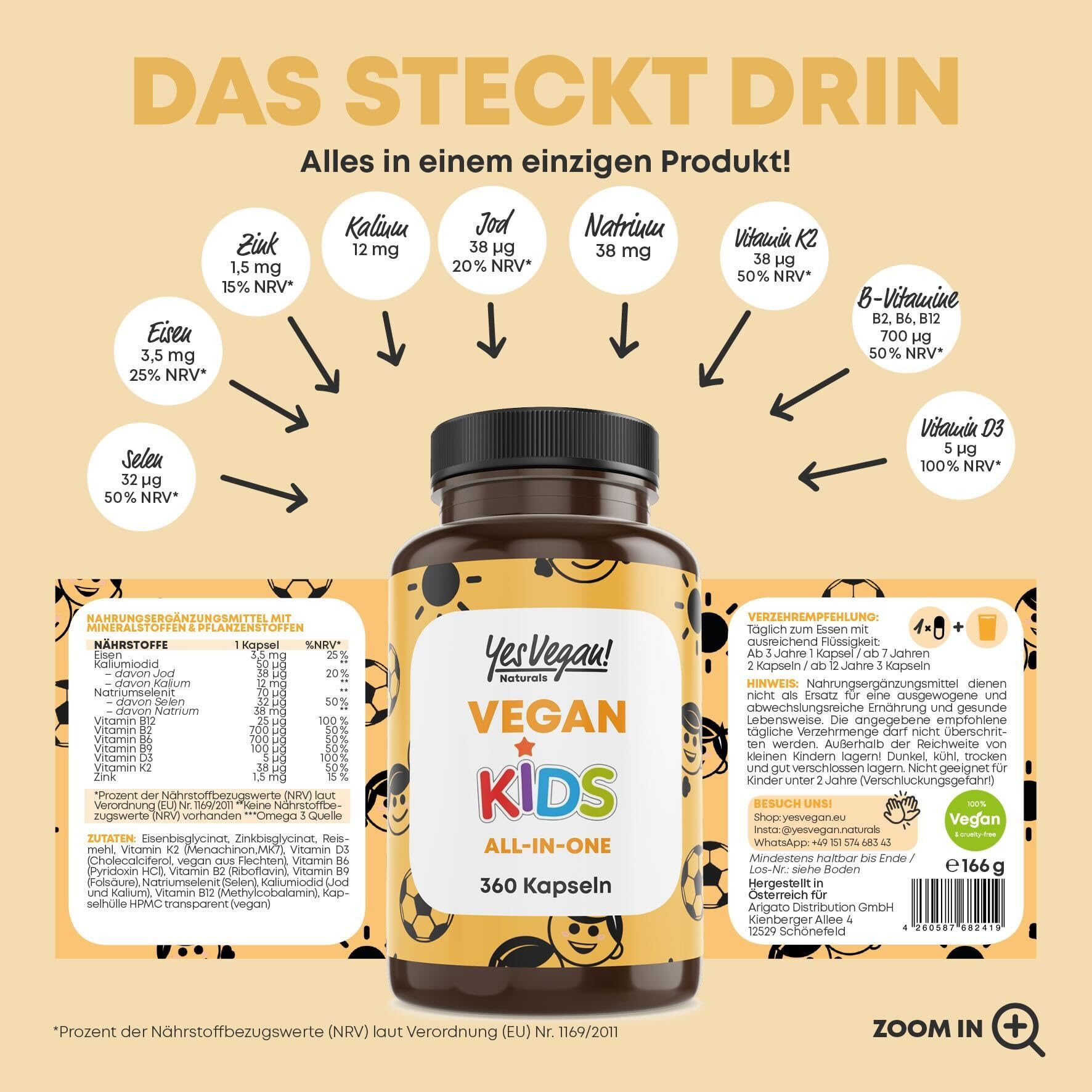 Kinder Vitamine All-in-One (360 Kapseln = Jahresvorrat) Vitamin B12+D3+K2+B2+B6+B9 Folsäure + Zink + Eisen + Selen + Natrium + Kalium + Jod - Vitamine Kinder - Multivitamin Kind (1)