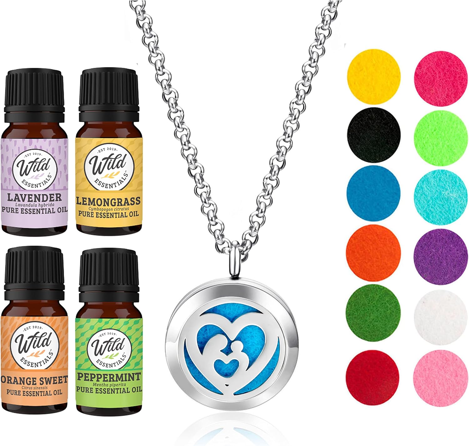 Wild Essentials Mother’s Heart Necklace Essential Oil Diffuser Kit, Lavender, Lemongrass, Peppermint, Orange Oils, 12 Refill Pads, Calming Aromatherapy Gift Set, Customizable Color Changing, Perfume