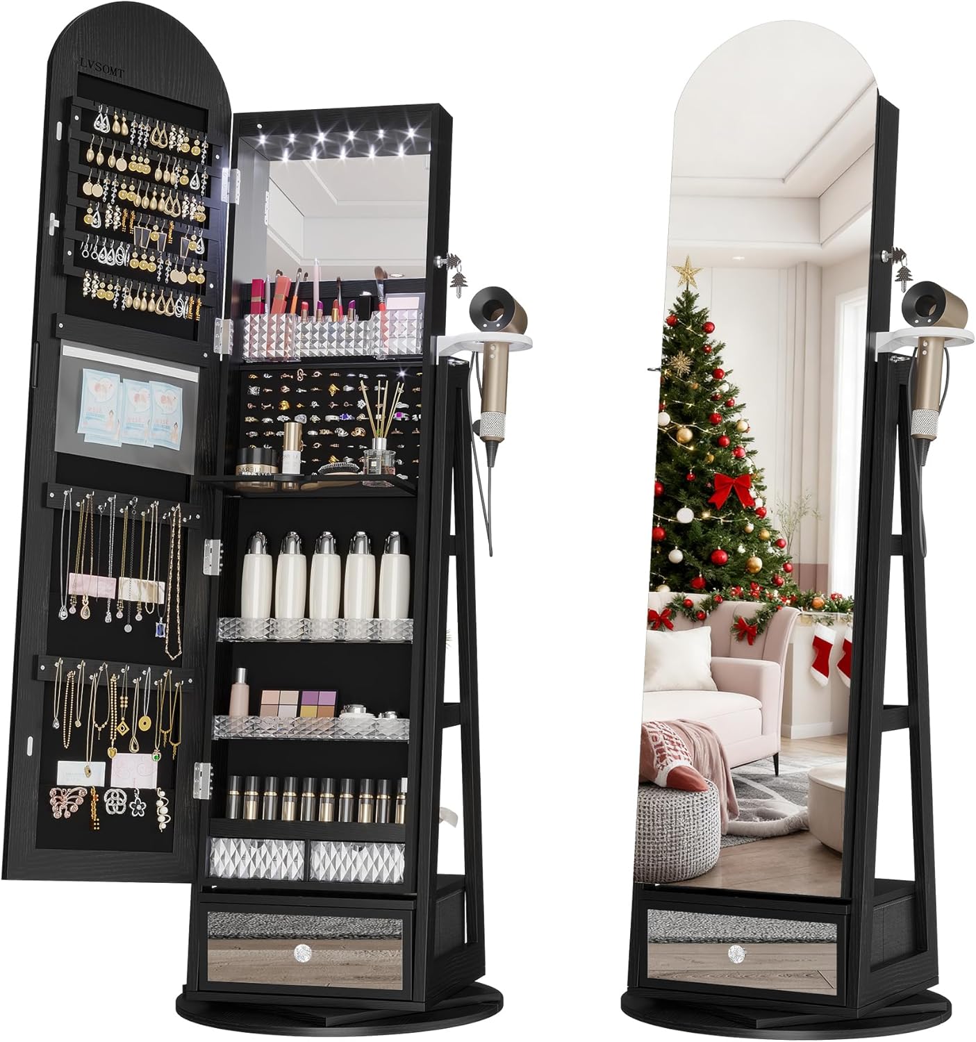 LVSOMT 360 Swivel Arched Jewelry Mirror Cabinet, 64"H Standing Jewelry Armoire with 6 LED Lights, Lockable Jewelry Organizer, Arch Full Length Mirror with Storage, Inner Makeup Shelf, Drawers (Black)