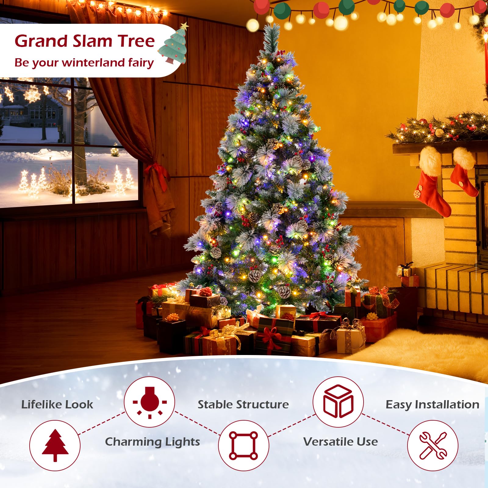 Weihnachtsbaum, LED-Lichter, schneebedeckte PVC-Spitzen, Kiefernnadeln, rote Beeren(7FT)