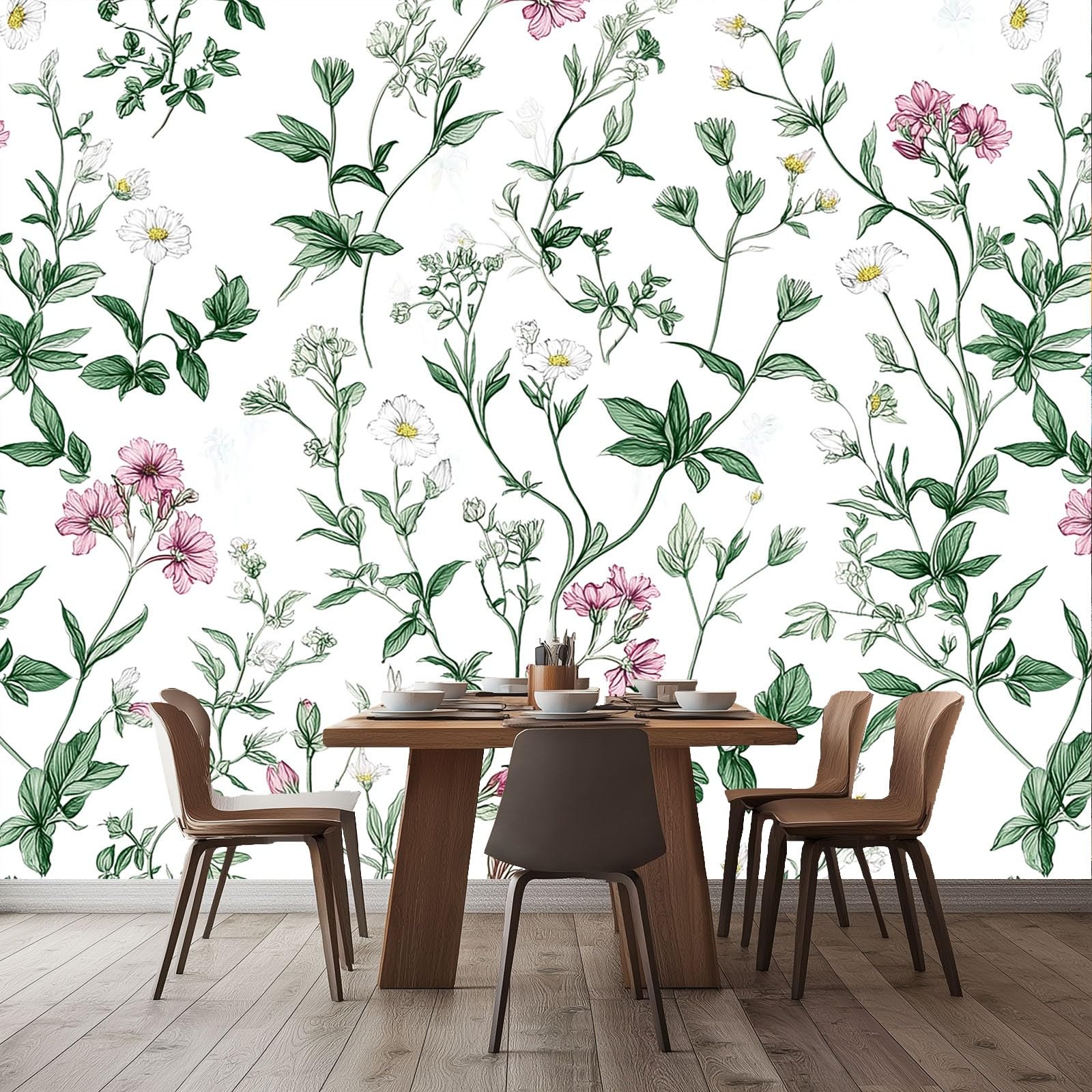 Papeles pintados 300 x 210 cm, Acuarela Textura Flores Hojas Papel pintado tejido-no, decoración de pared fotografía moderna diseño murales Vistoso