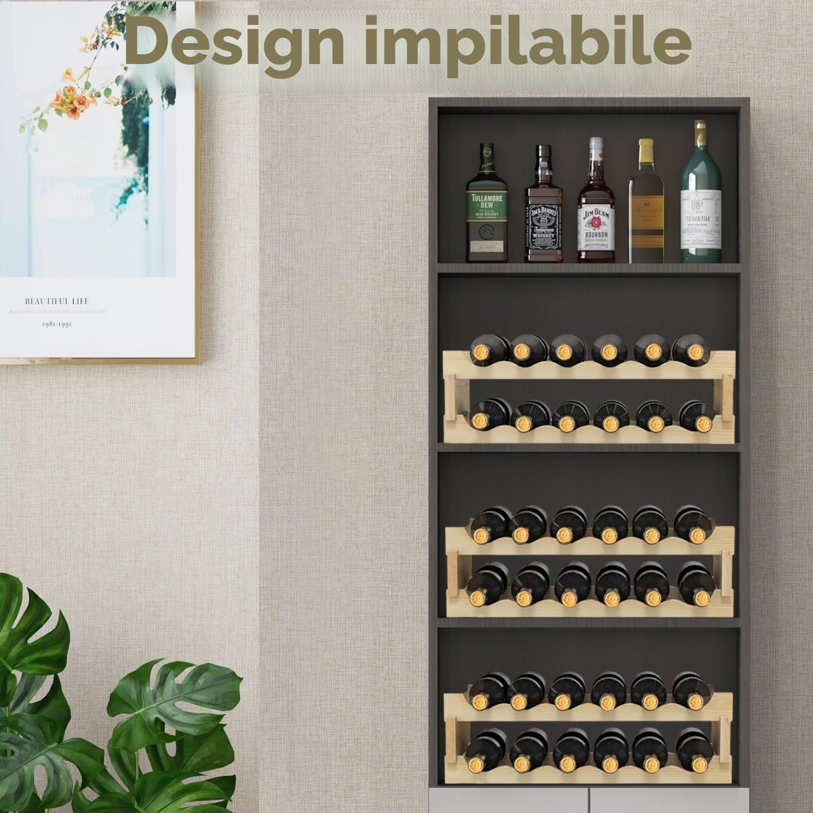 GIANTEX Scaffale Porta Bottiglie di Vino Fino a 36 Bottiglie, Cantinetta in Legno di Pino, 6 Ripiani, 63 x 28 x 85 cm, Naturale (36 Bottiglie)