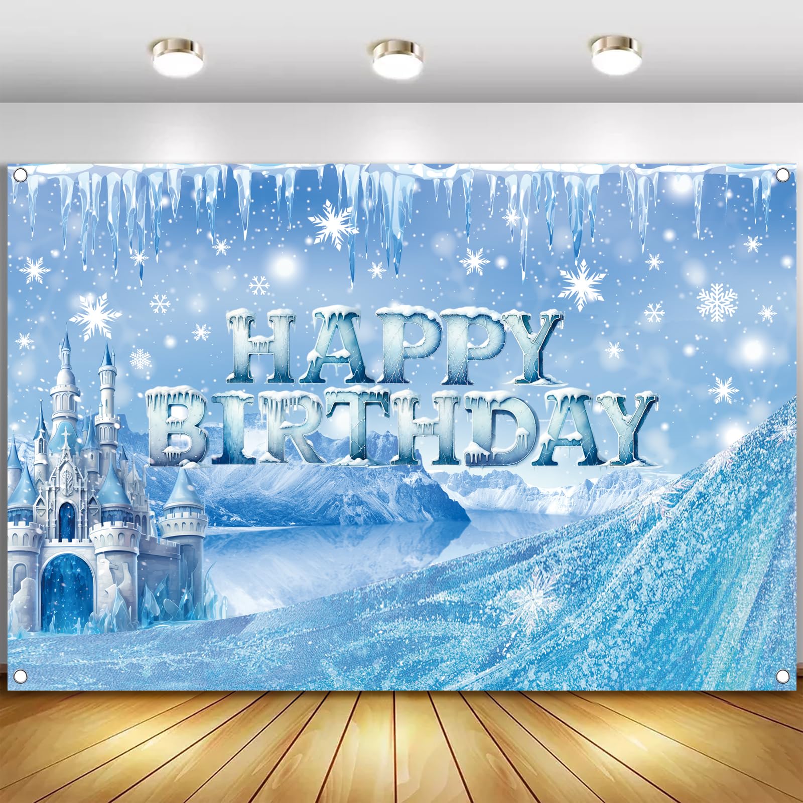 Ice Snow Castle Theme Happy Birthday Photography Backdrop - 5x3ft Winter Princess Background Photo Booth Banner Props for Kids Girls Boys Birthday
