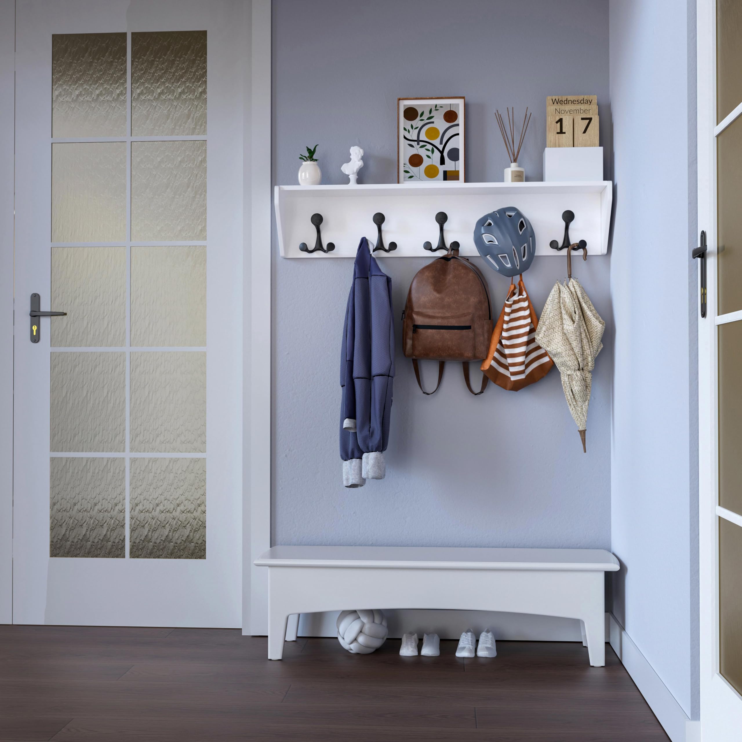 SKOLOO Ganci da parete con mensola, appendiabiti da parete resistente, con 5 ganci tripli per cappotti, zaini, vestiti, mensola sospesa da appendere in ingresso, corridoio, soggiorno, bagno, camera da
