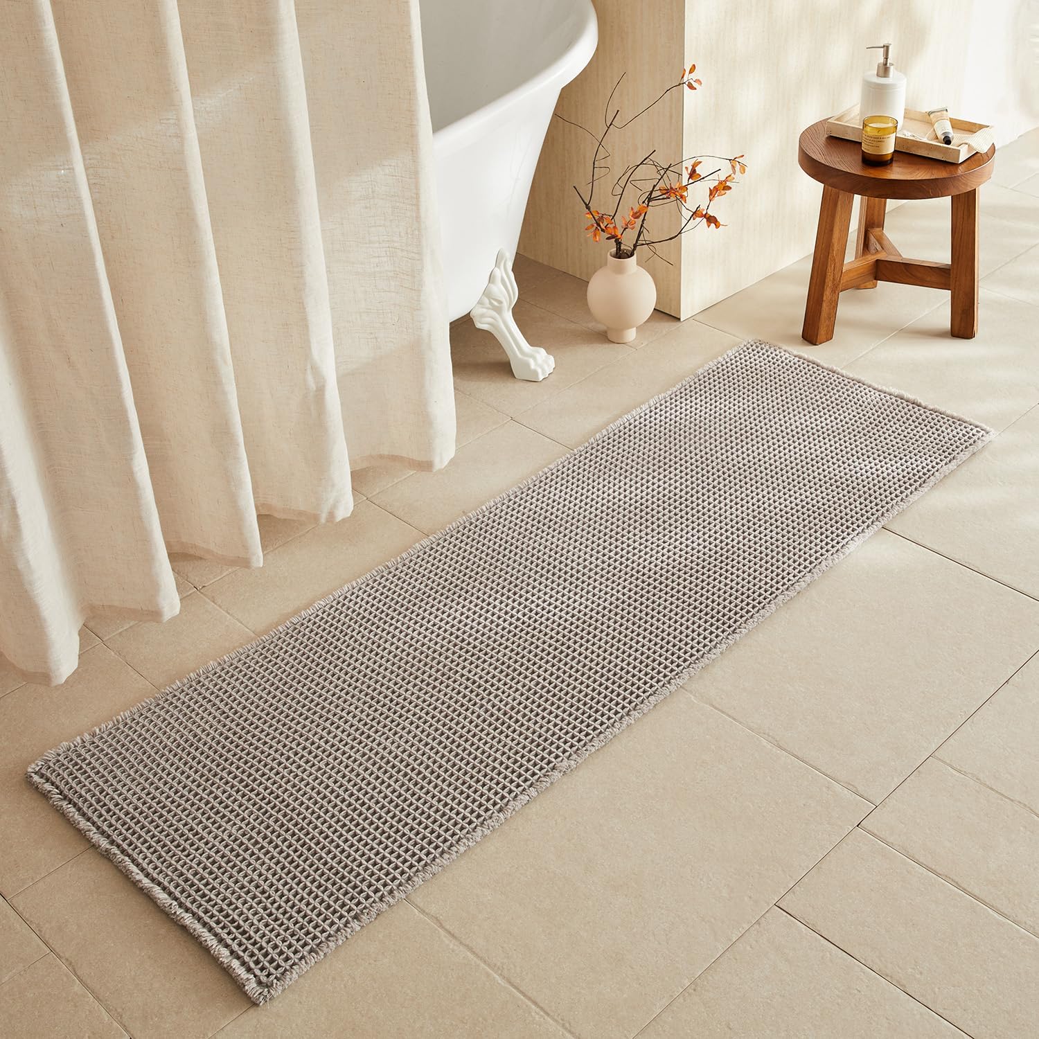 TYUU Waffle Runner Rug Bathroom, Long Boho Bath Mat, 72x24 Light Grey