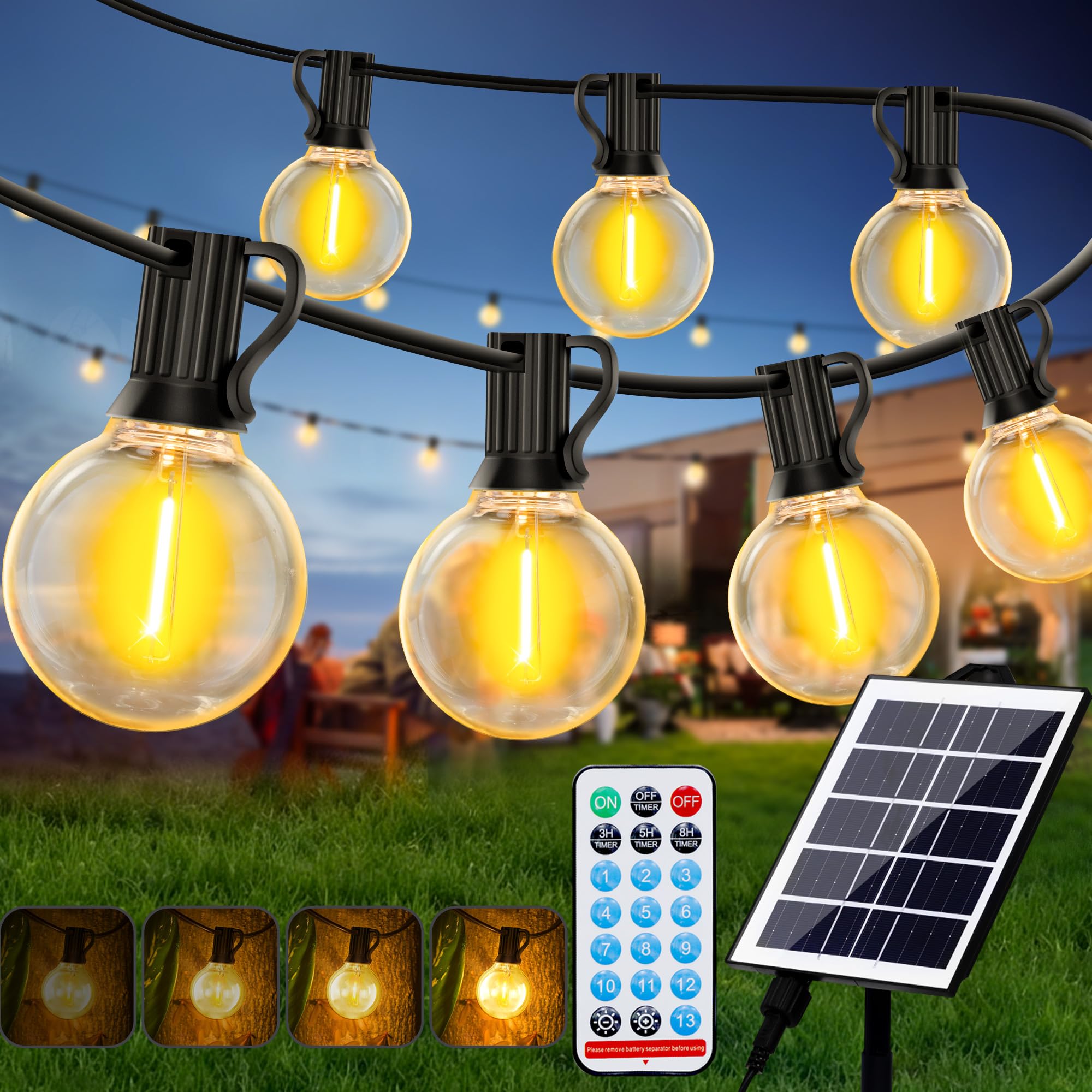 Solar String Lights Outdoor Garden: 69FT 21M Dimmable Festoon Lights with Remote Control, USB & Solar Powered 3000mAh, Shatterproof G40 LED Bulbs Waterproof Outside Lighting for Camping Fence Gazebo