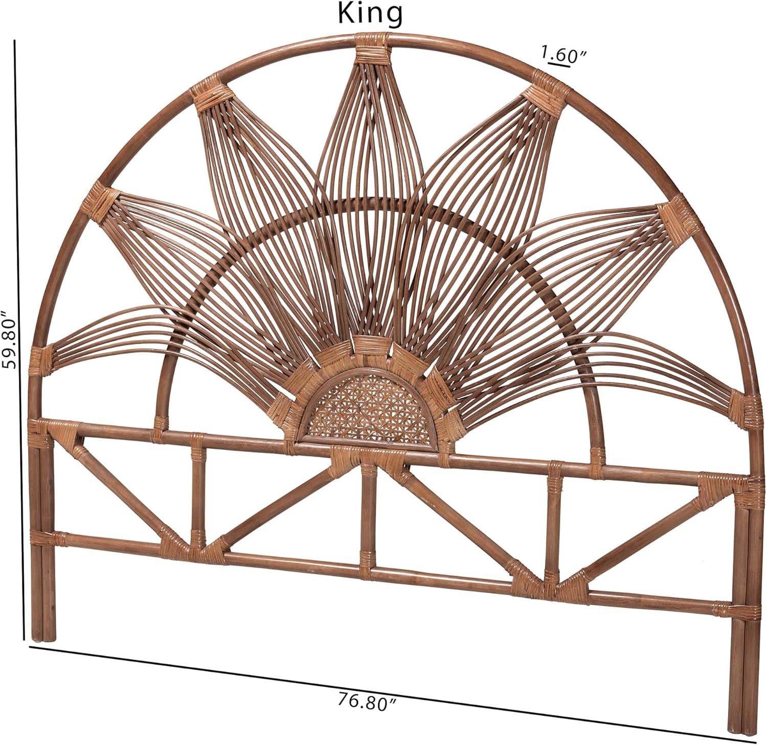 Bali & pari Jasmine Natural Rattan Headboard with Sunburst Design - Boho Coastal Style Standalone Headboard, Light Brown, King